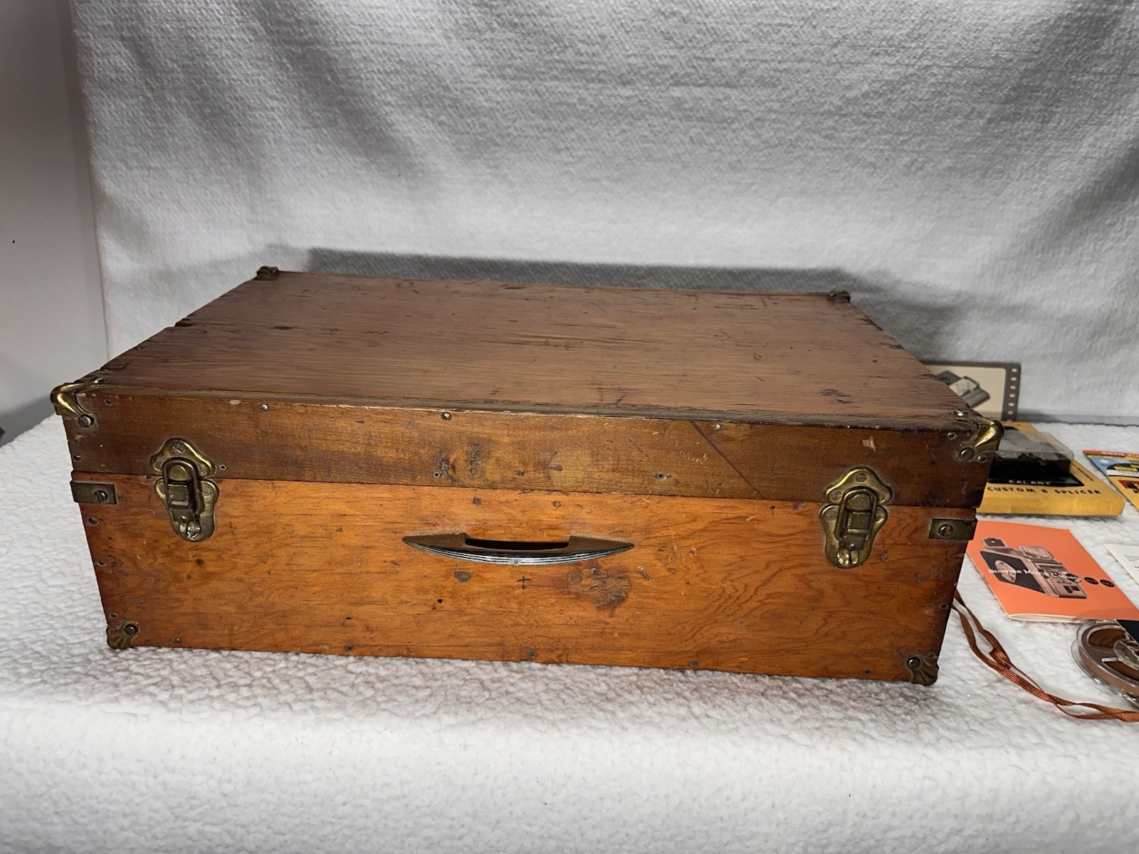 Large Wood Trunk Carrying Case for Vintage w 19 8mm Reels, Kalart Splicer + Misc