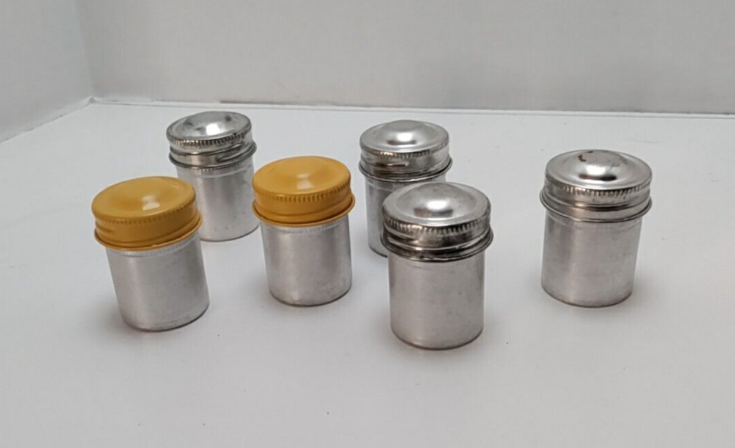 Set Of 4 Silver & 2 Yellow Lid 35 MM Film Canisters Empty Vintage