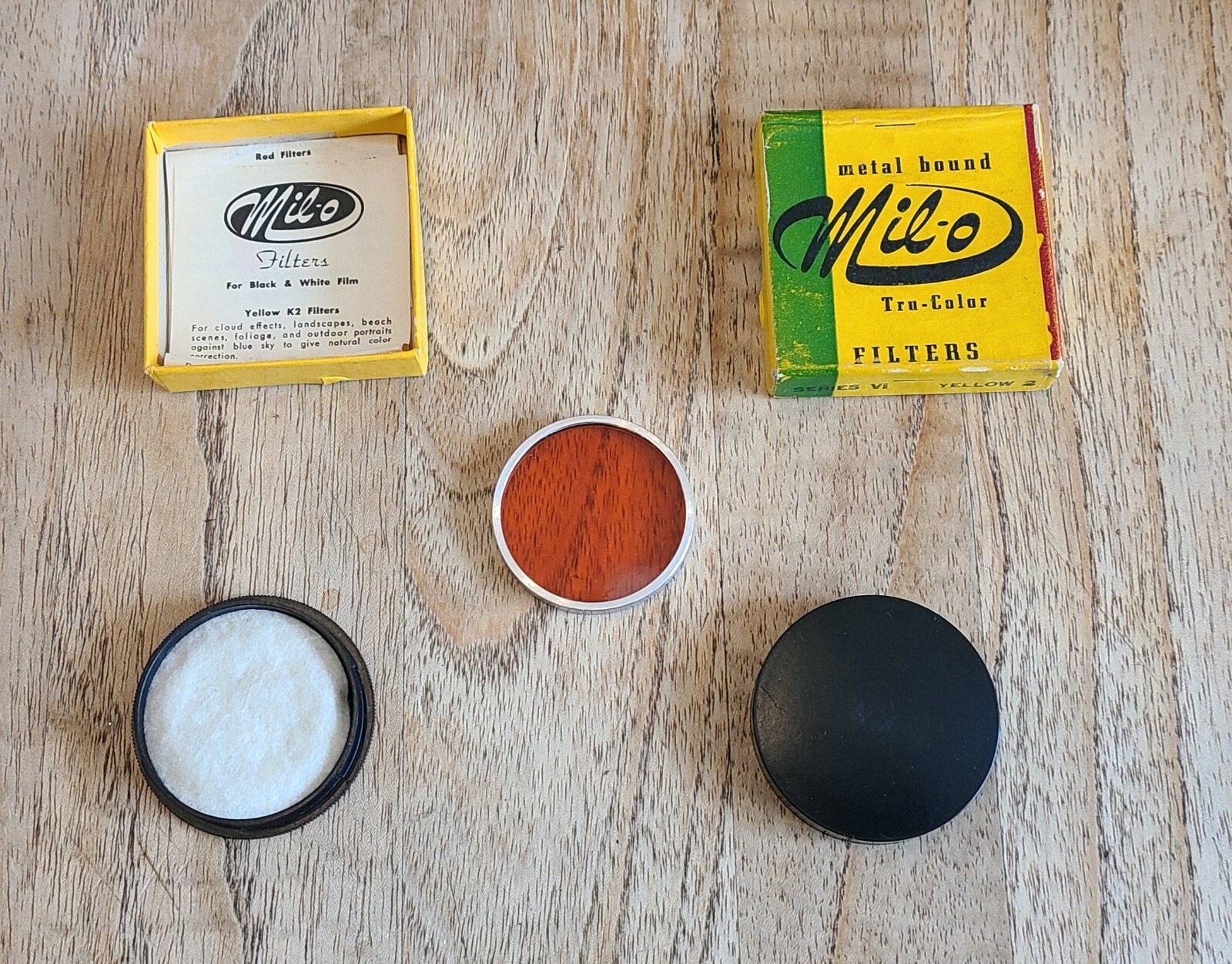 Vintage Mil-O Yellow 2 Camera Metal Bound Filter For B/W Film W/Instructions Box