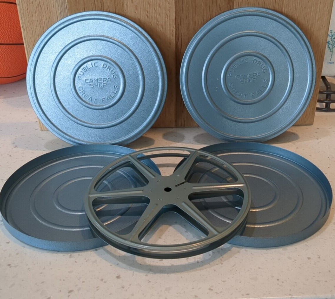 2 Vintage 8 MM Metal Movie Film Cans, Great Falls, MT Public Drug, Camera Shop