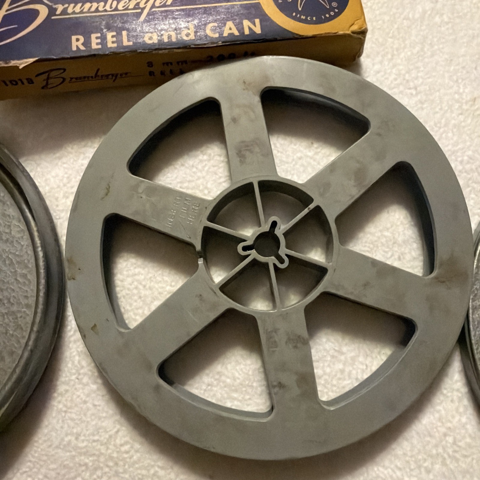 Set of 2 vintage Brumberger Reel And Can 8mm 200ft #1018 Tempered Steel Movie