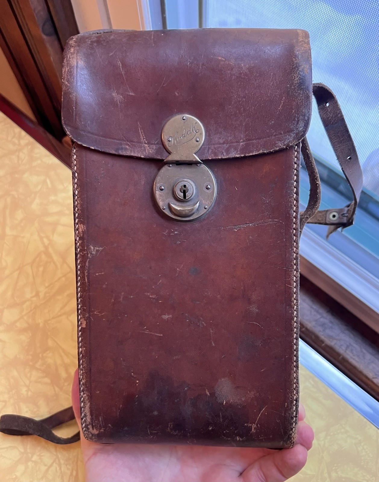 Antique Kodak Paris & Lyon Folding Film Camera Case in Brown Leather with Strap