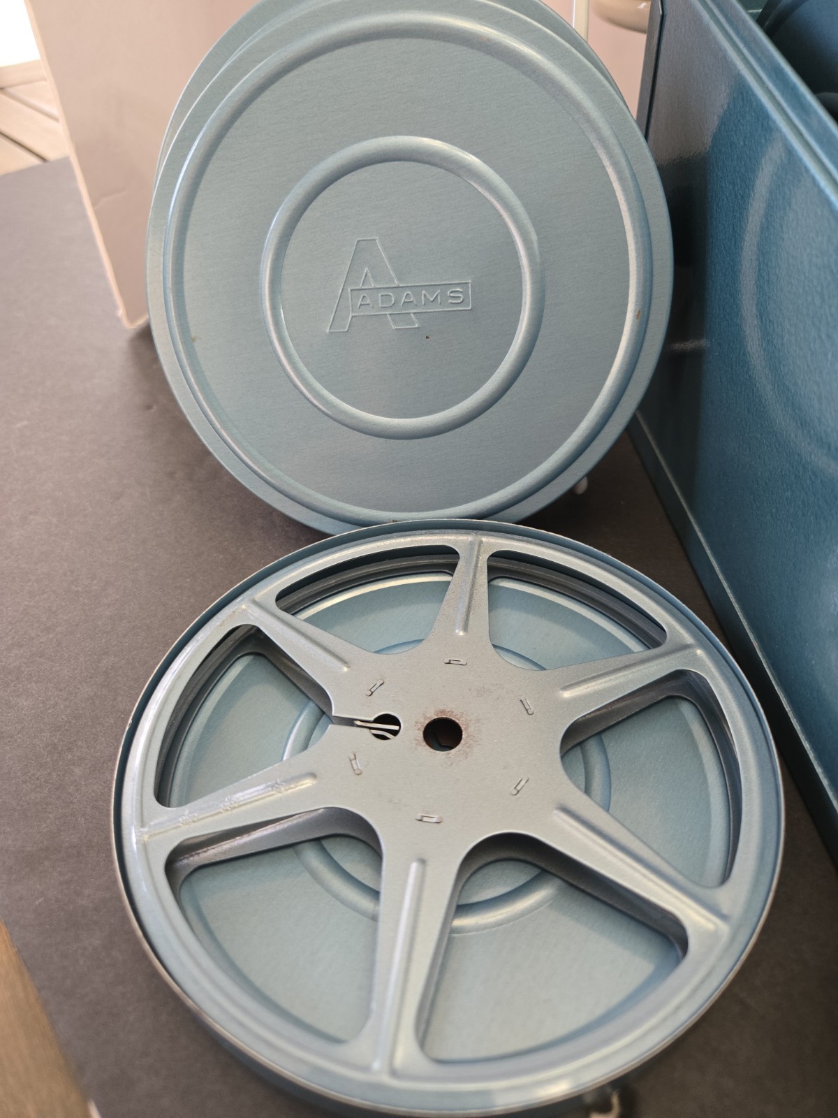 Vintage Adams Metal Film Can Storage Case,6 Box Containers
