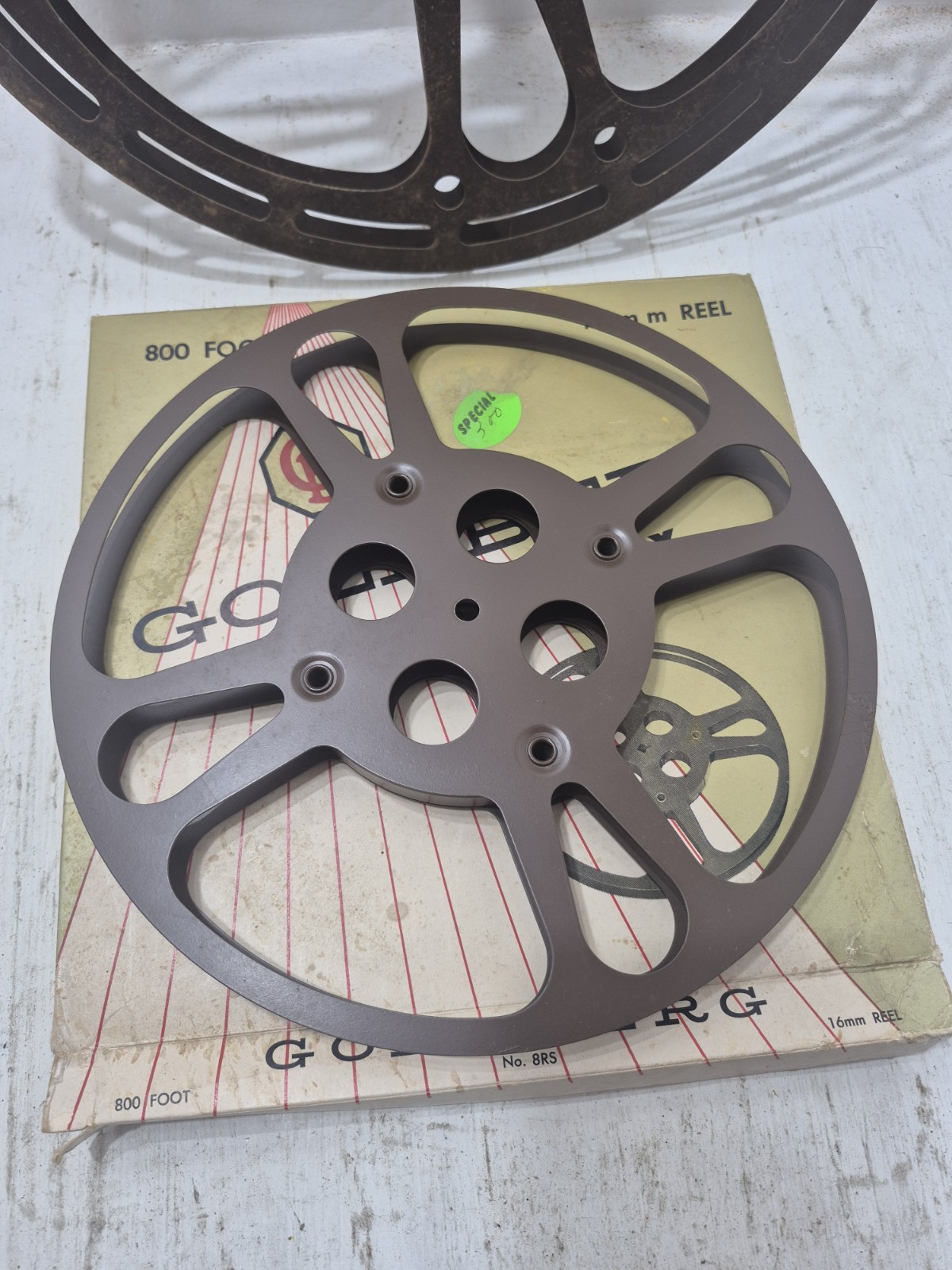 Lot of 2 Vintage EMPTY Movie Reels Metal Wheel 1 w/Box/Goldberg Relflex + Other