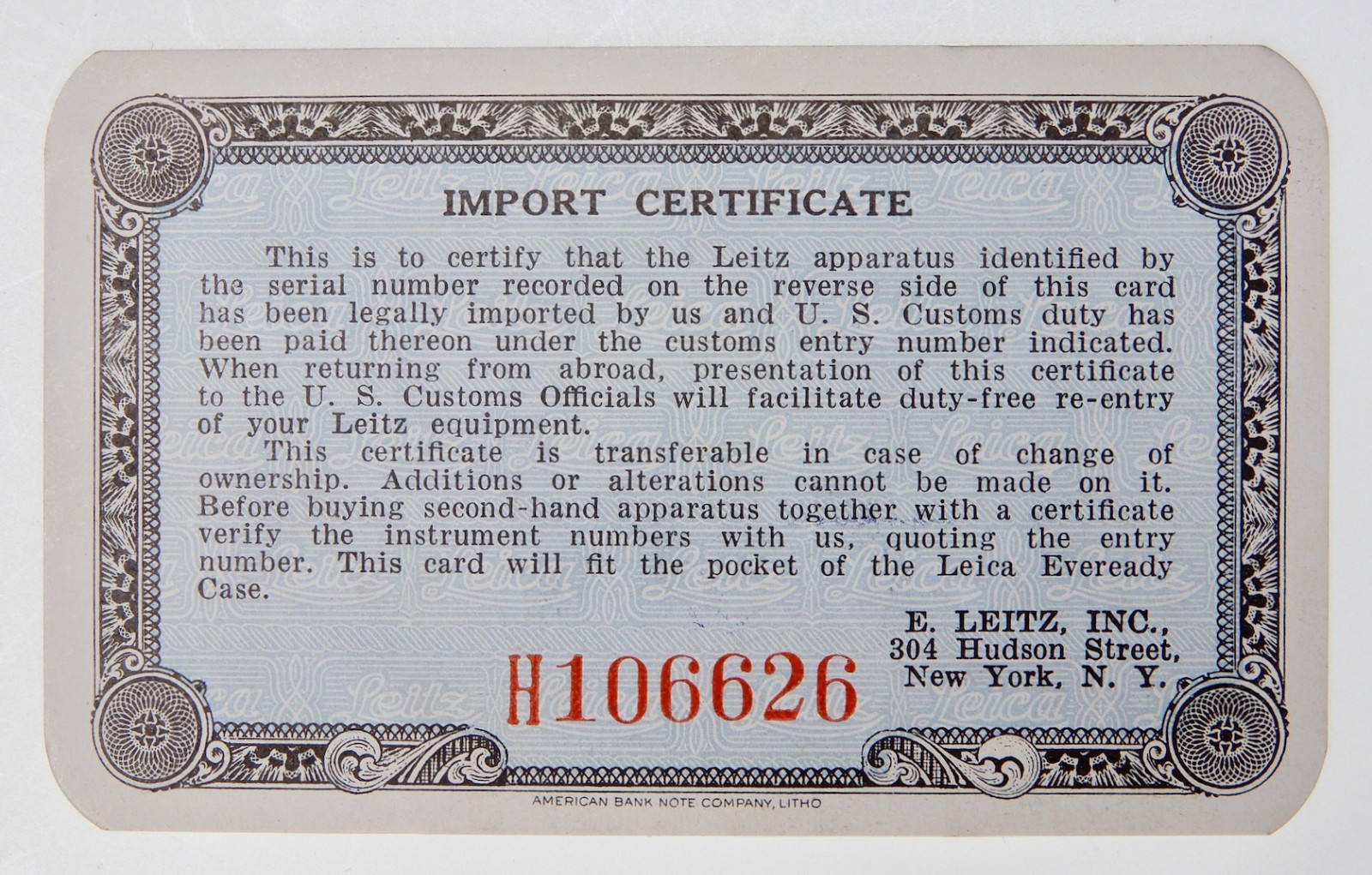 Import Certificate of Leica 50mm f2 Summitar #716799