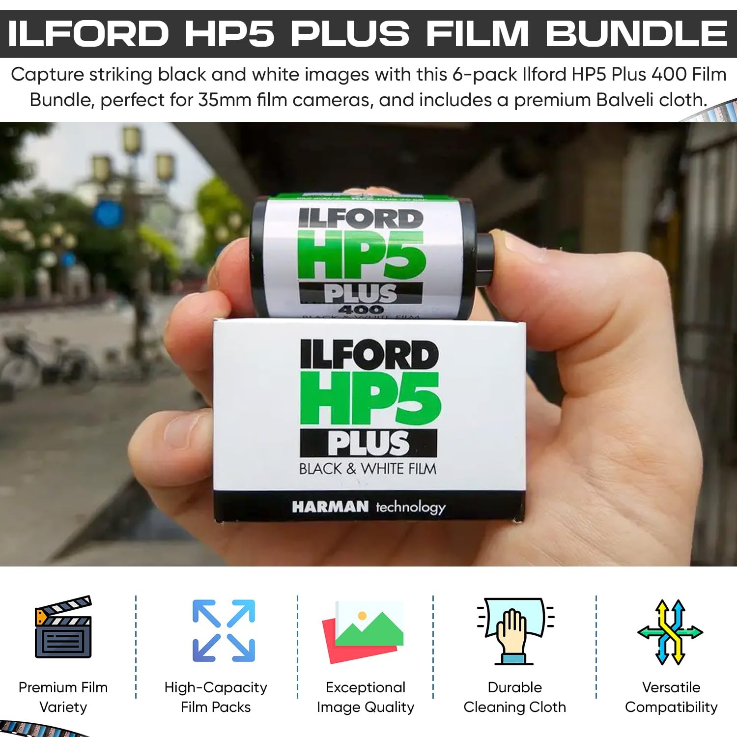 Ilford HP5 Plus 400 Black and White 35mm, 36 Exposures, 6 Rolls-Cloth-35mm Ro…