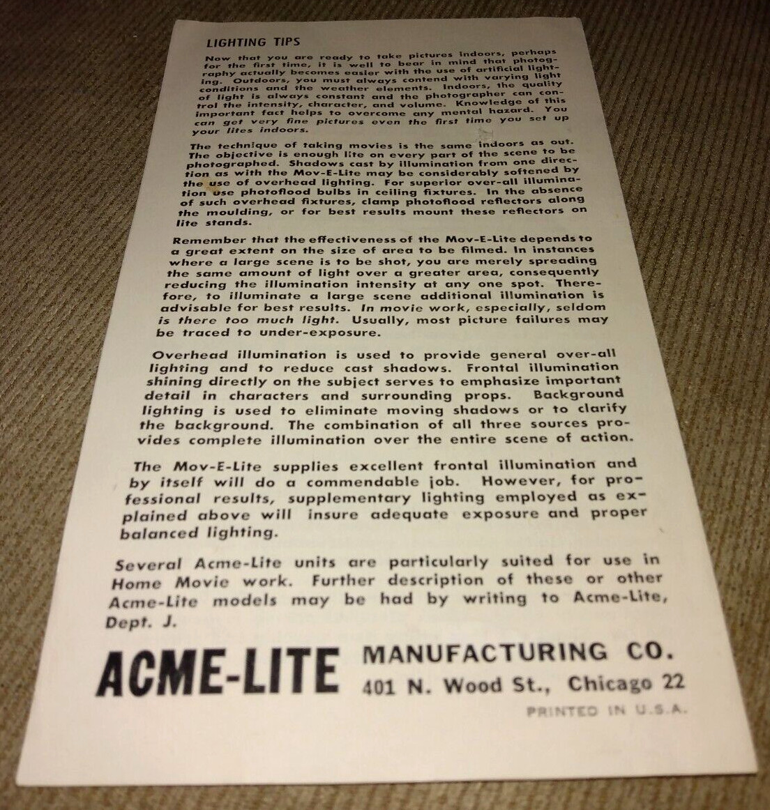 VINTAGE ACME LITE INSTRUCTIONS BOOKLET MOVIE CAMERA LIGHTING BAR 60s?