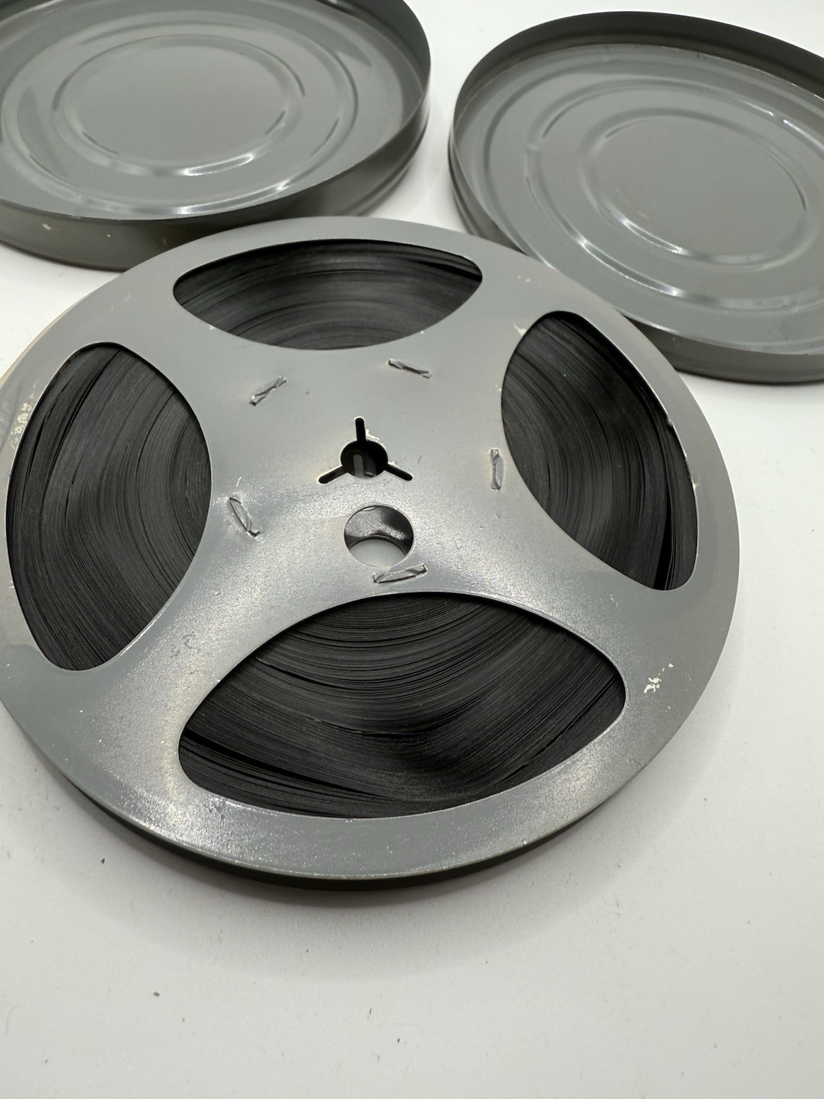 Vintage Gray Metal Film Can Canister 5 1/8″ Diameter & Film Reel