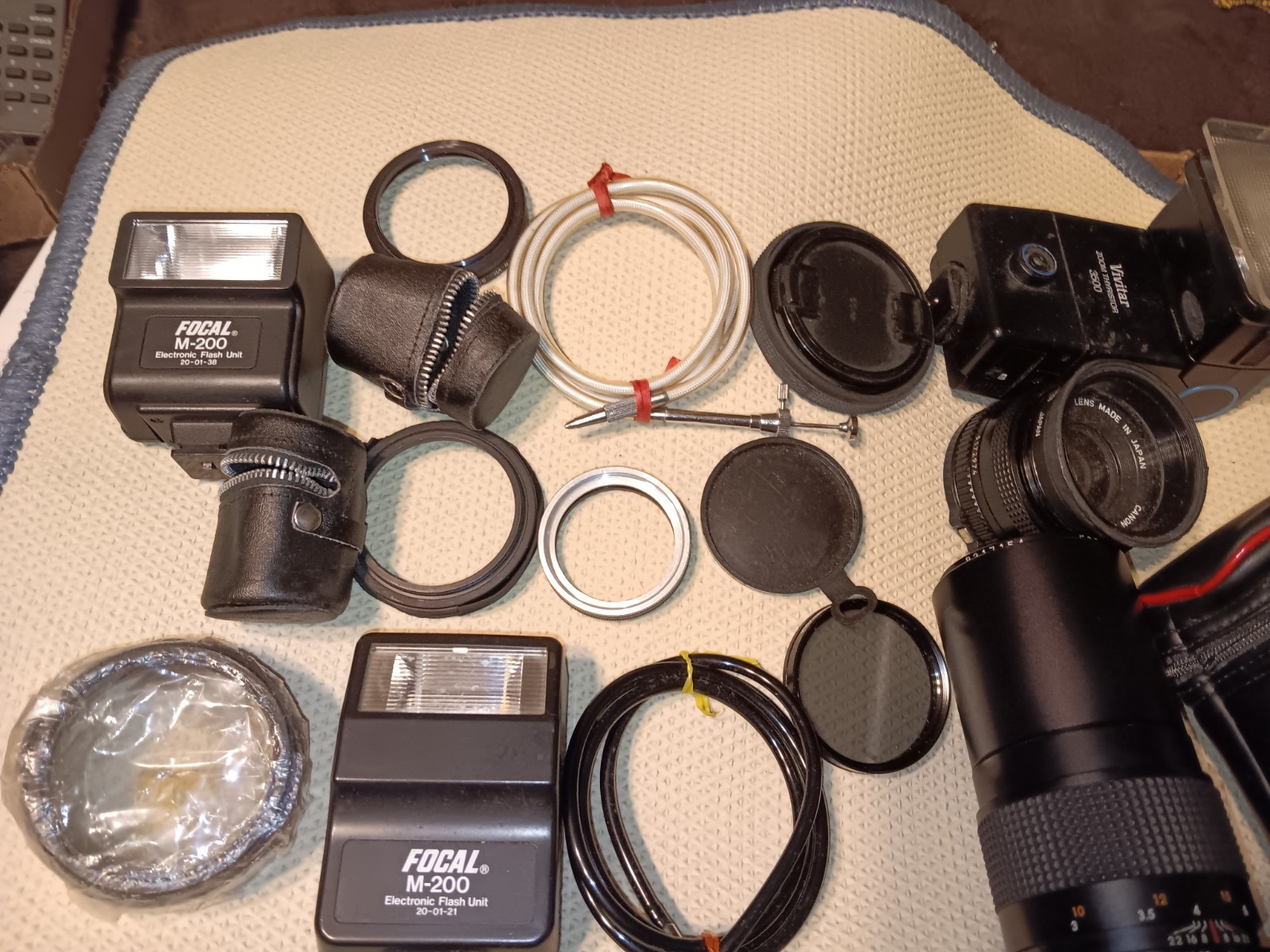 VINTAGE LOT OF CAMERA LENS, FLASHES LENS COVER, LENS CASES