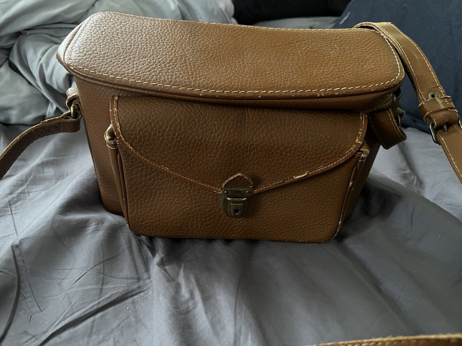 Vintage Brown Leather Camera Case with Compartments and Shoulder Strap