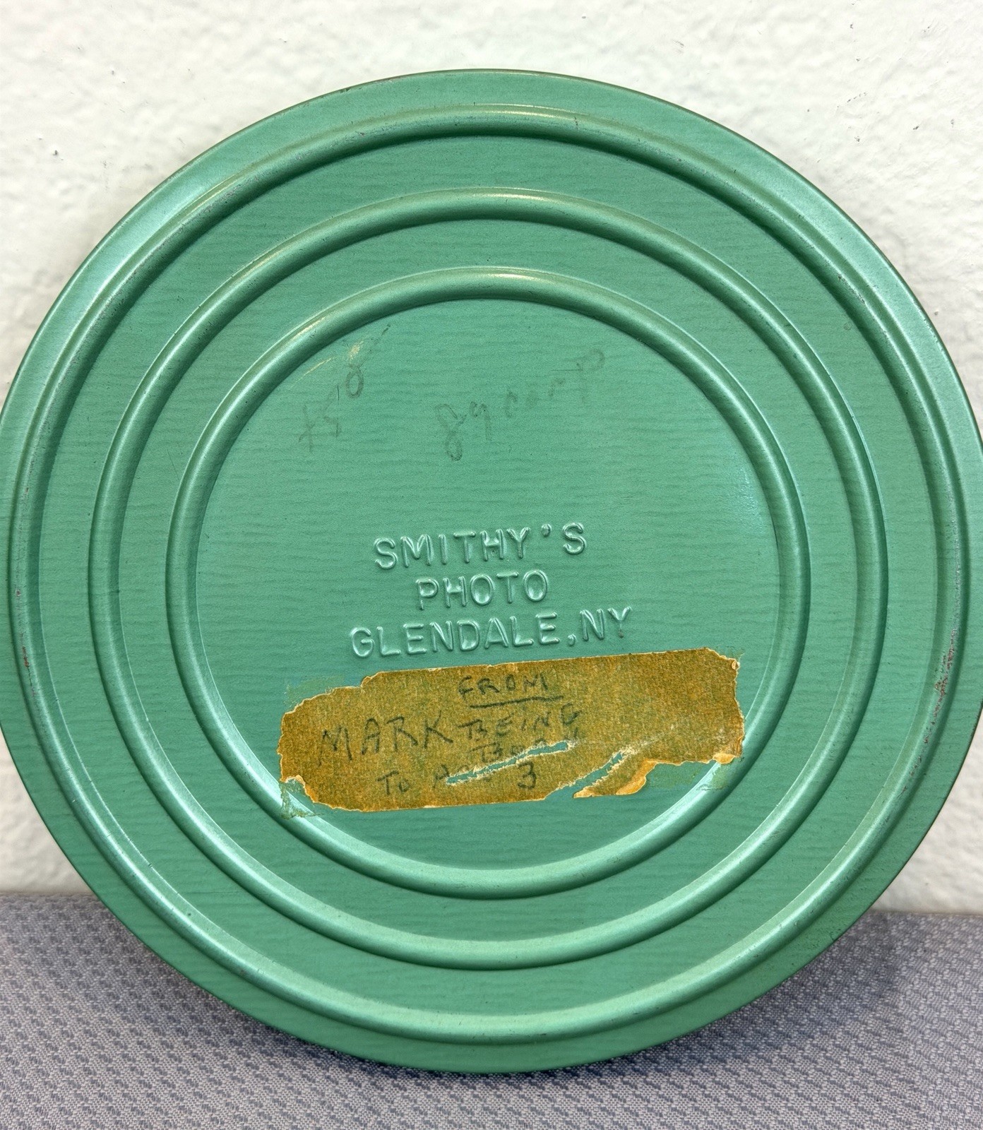2 Vintage 8mm Metal Film Canisters Case Smithy’s Photo Glendale NY Blue Green
