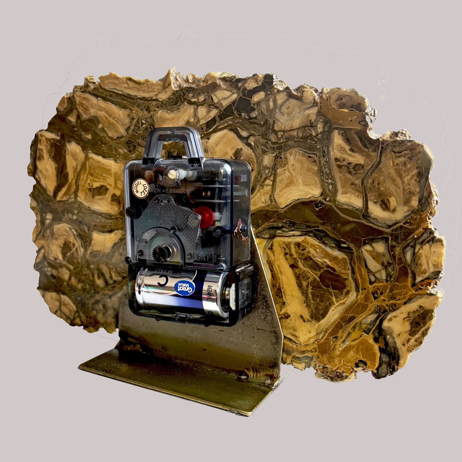 Mid-Century Vintage Brutalist Agate Stone Slab Mantle Clock, 10″ – Works Great!