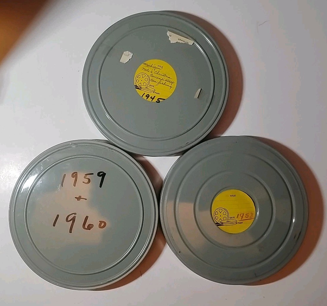 13 Vintage 8mm Film Empty Canister Reels Blue Grey Green + Brown Metal Case