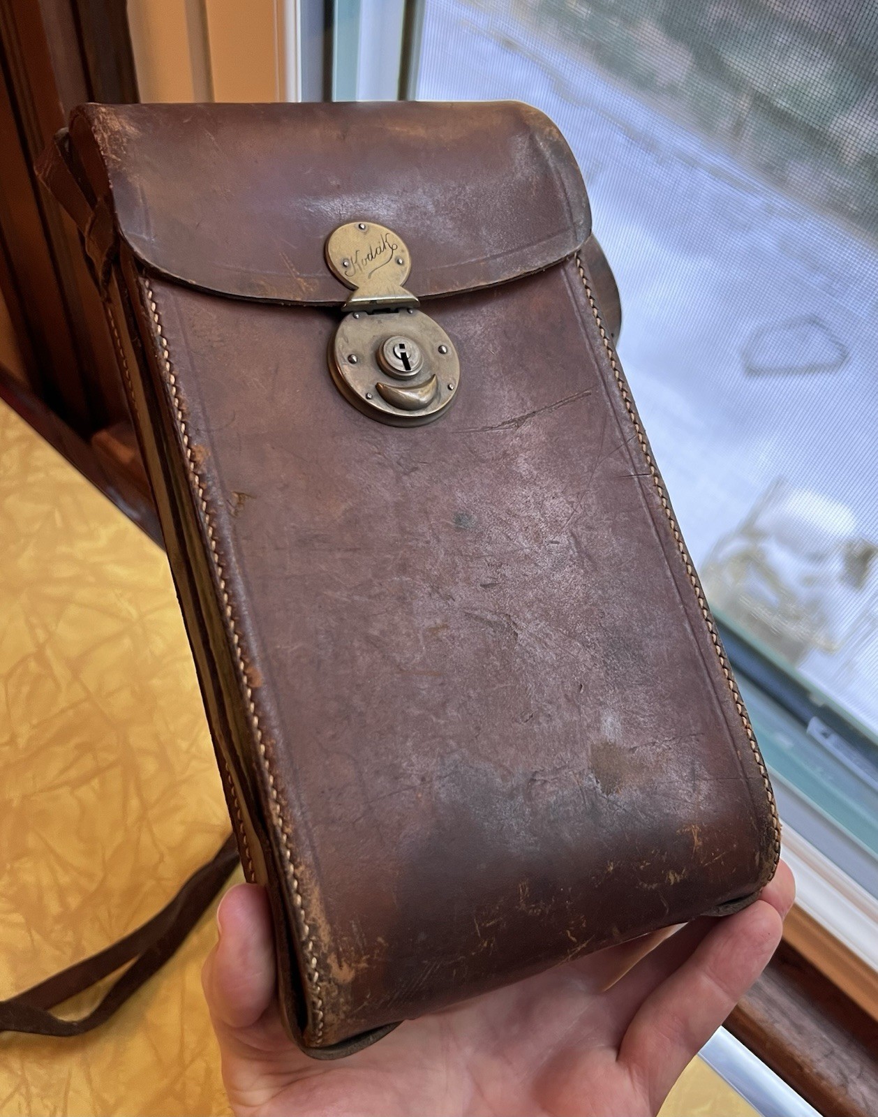 Antique Kodak Paris & Lyon Folding Film Camera Case in Brown Leather with Strap