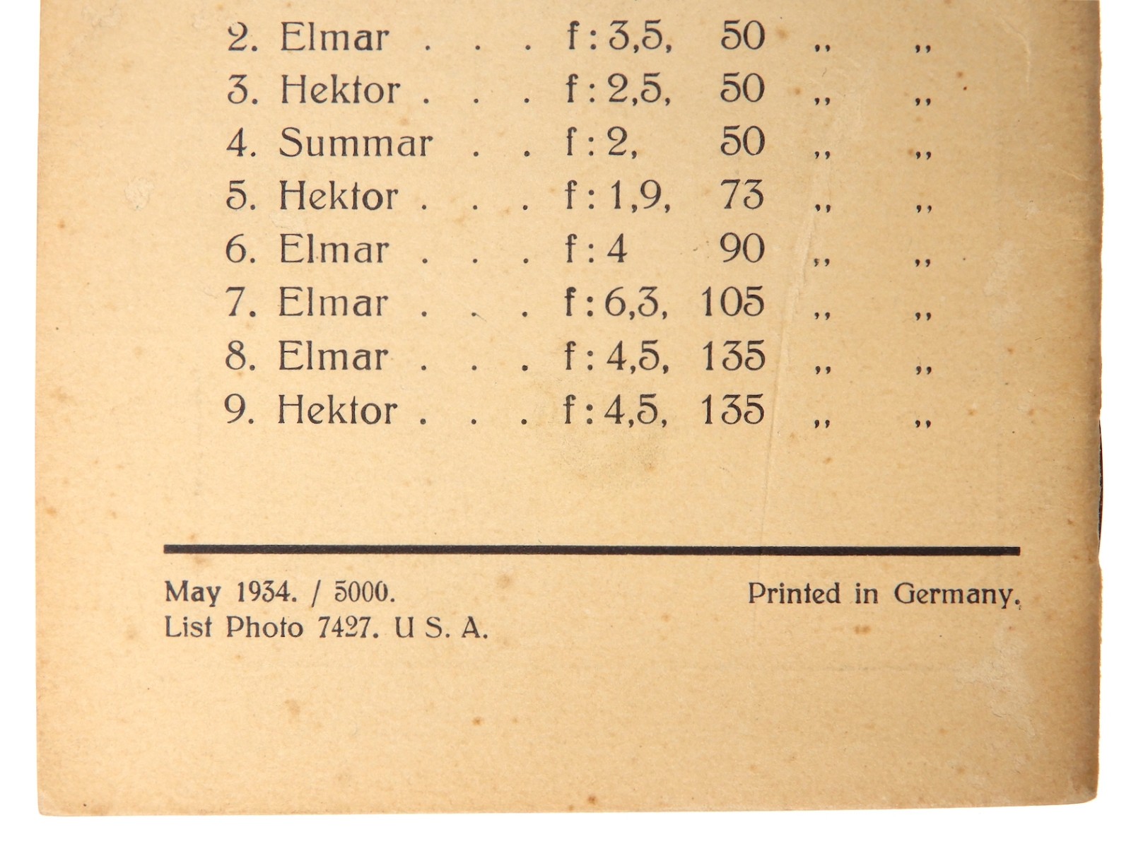 Leica II Model F Lens Tables E.Leitz,Inc.,New York 1934 ………… Minty