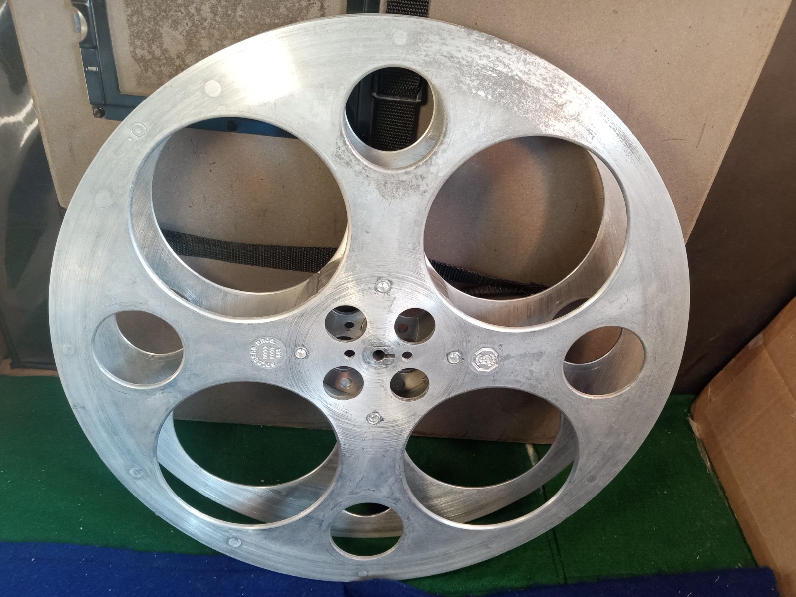 Antique Embossed Logo Goldberg Bros 3000 Ft 35mm Thick Aluminum Film Reel w/Case