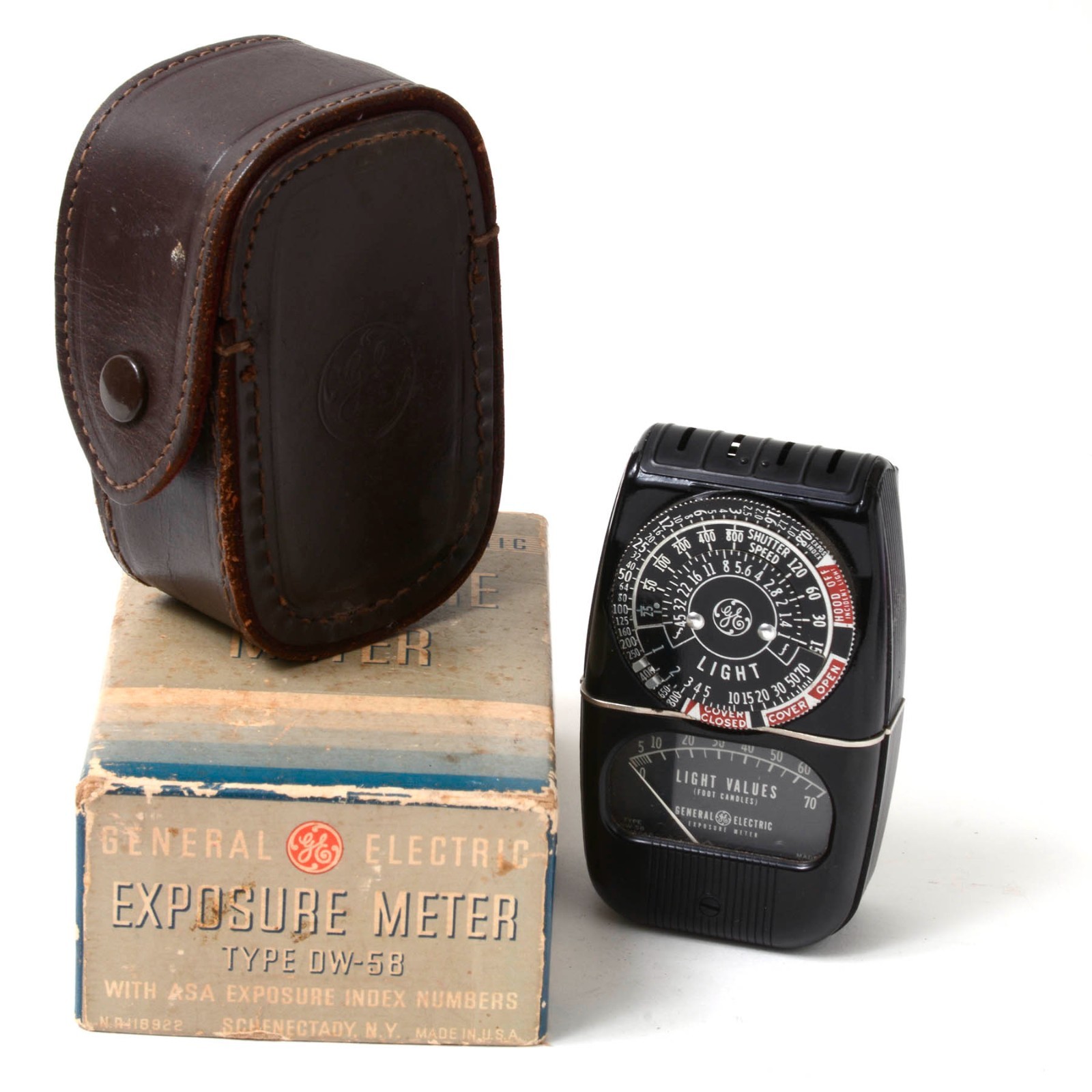 VINTAGE GE DW-58 CAMERA EXPOSURE LIGHT METER WITH CASE, BOX, INST. (NEAR MINT)