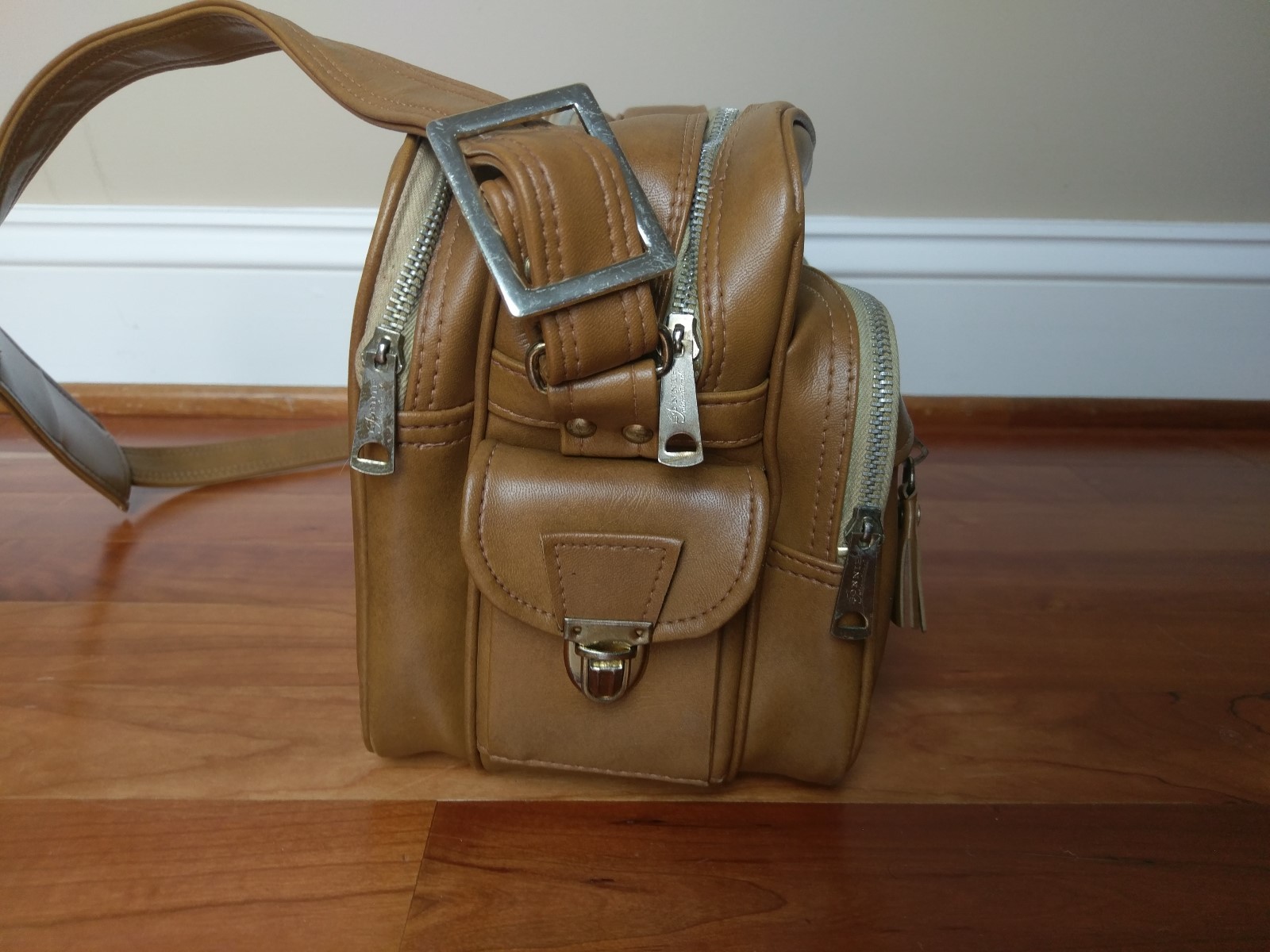Vtg Bonnie International Camcorder Camera Bag Zipper Brown Tan Vinyl Shoulder