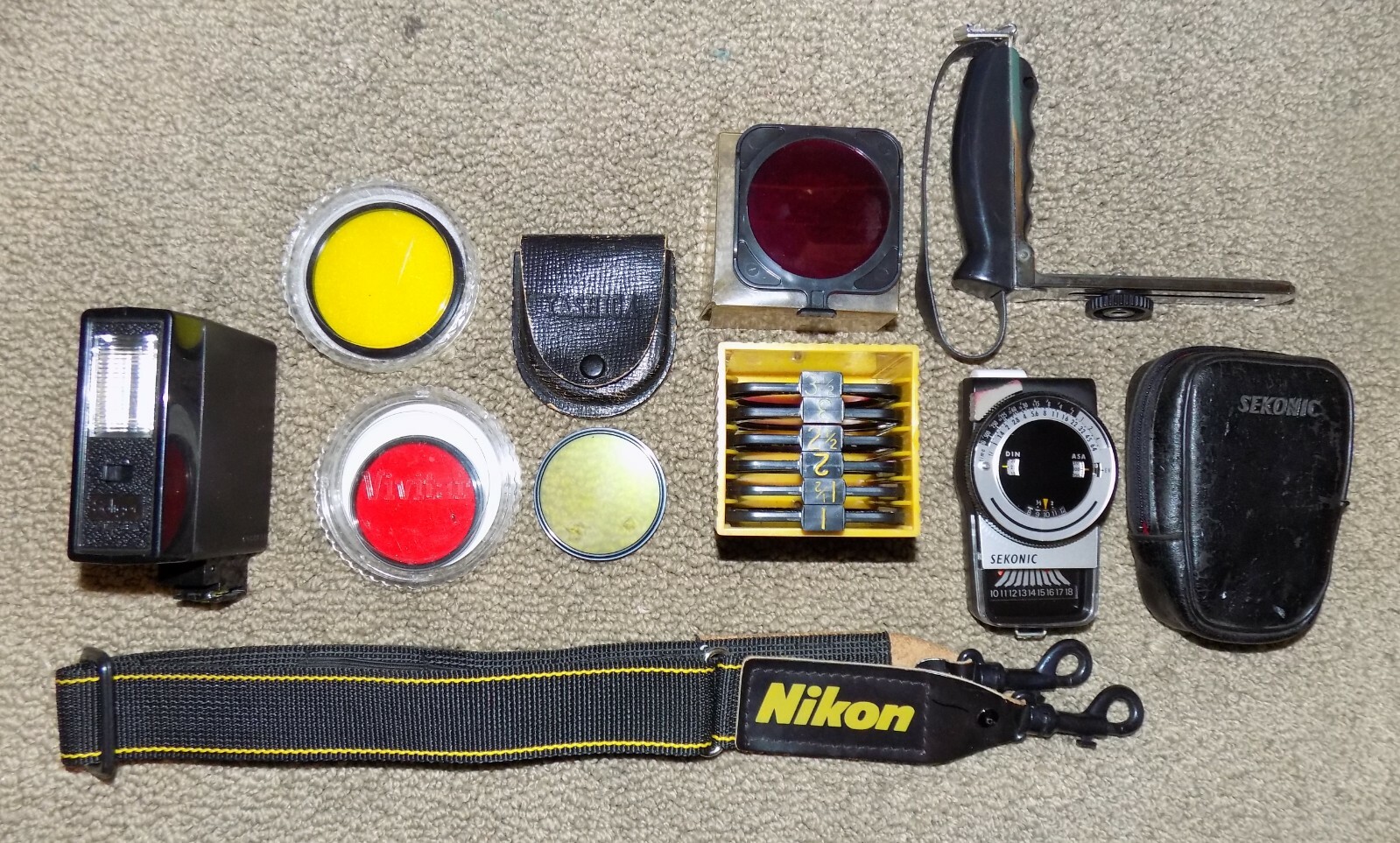 Box Lot Camera Accessories 35mm Filters Flashes Light Meters Etc.