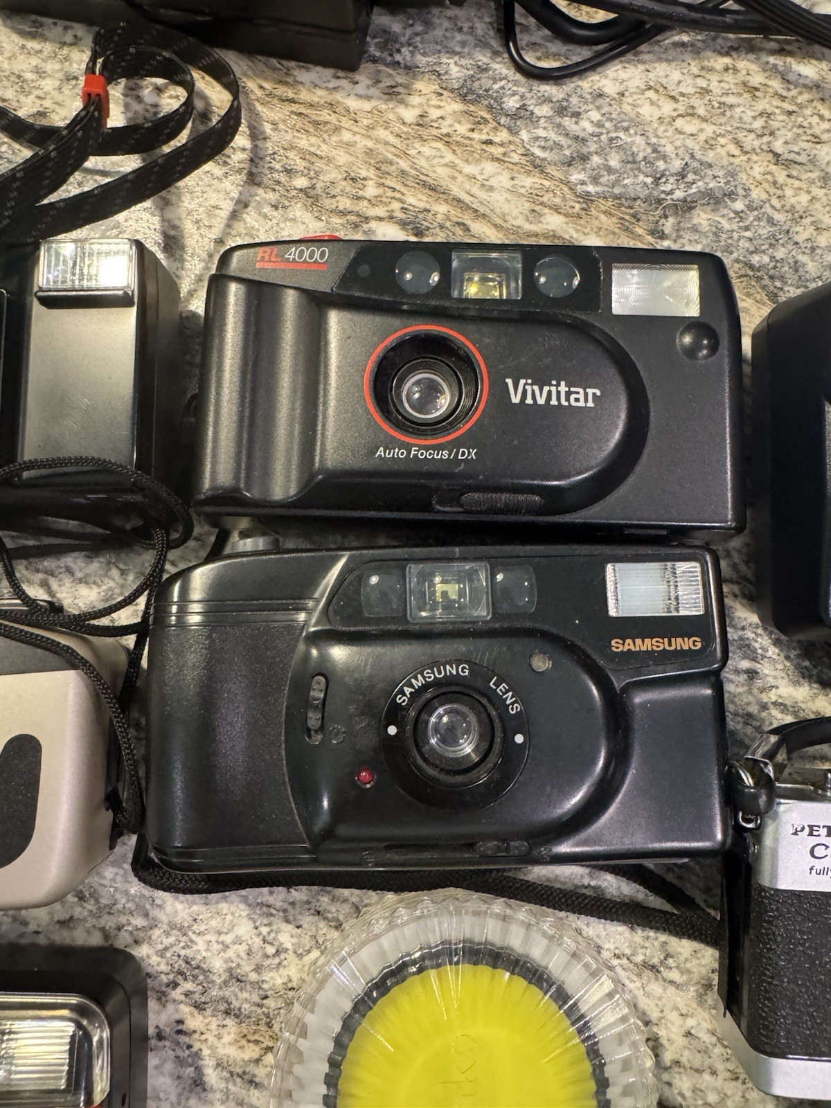 Untested Camera Lot Petri 35E Vivitar Samsung Canon Flash Cases 7 Cameras