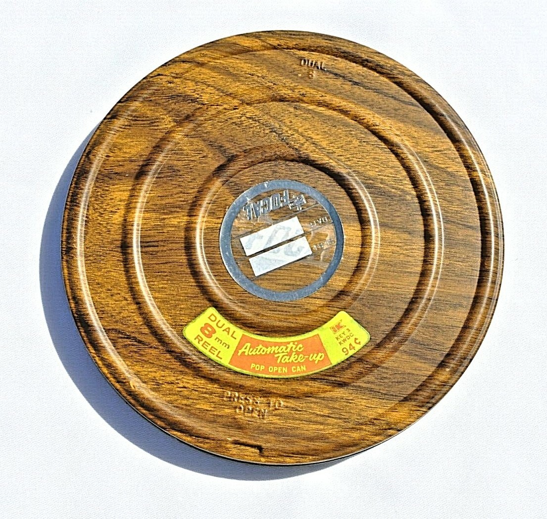 VINTAGE FOCAL FILM REEL AND TIN METAL 8MM WOOD GRAIN LOOK MADE IN USA NOS