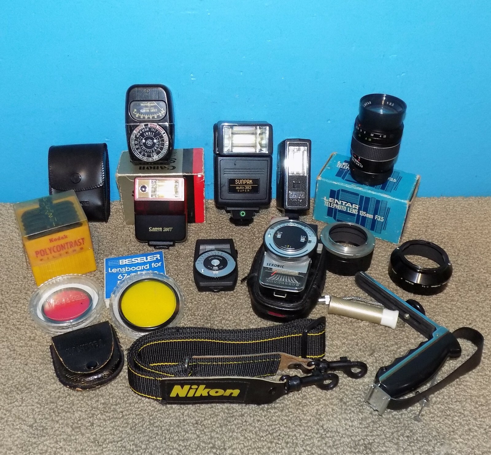 Box Lot Camera Accessories 35mm Filters Flashes Light Meters Etc.