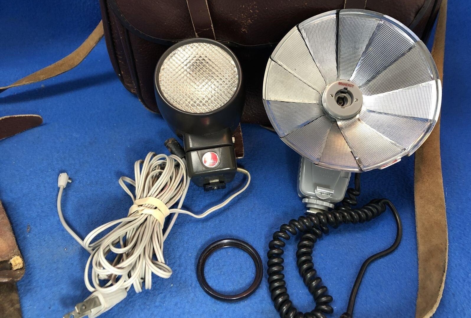 Vintage 1950s Camera Case & Flashes, Walz Flash & Gramercy Aluminum Umbrella