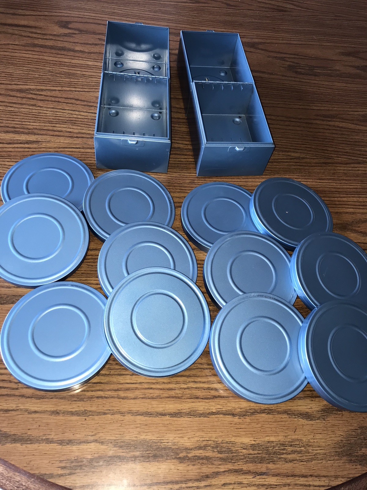 2 Vintage Compco Metal Film Case Storage Boxes With Six 8mm Film Reels Per Box