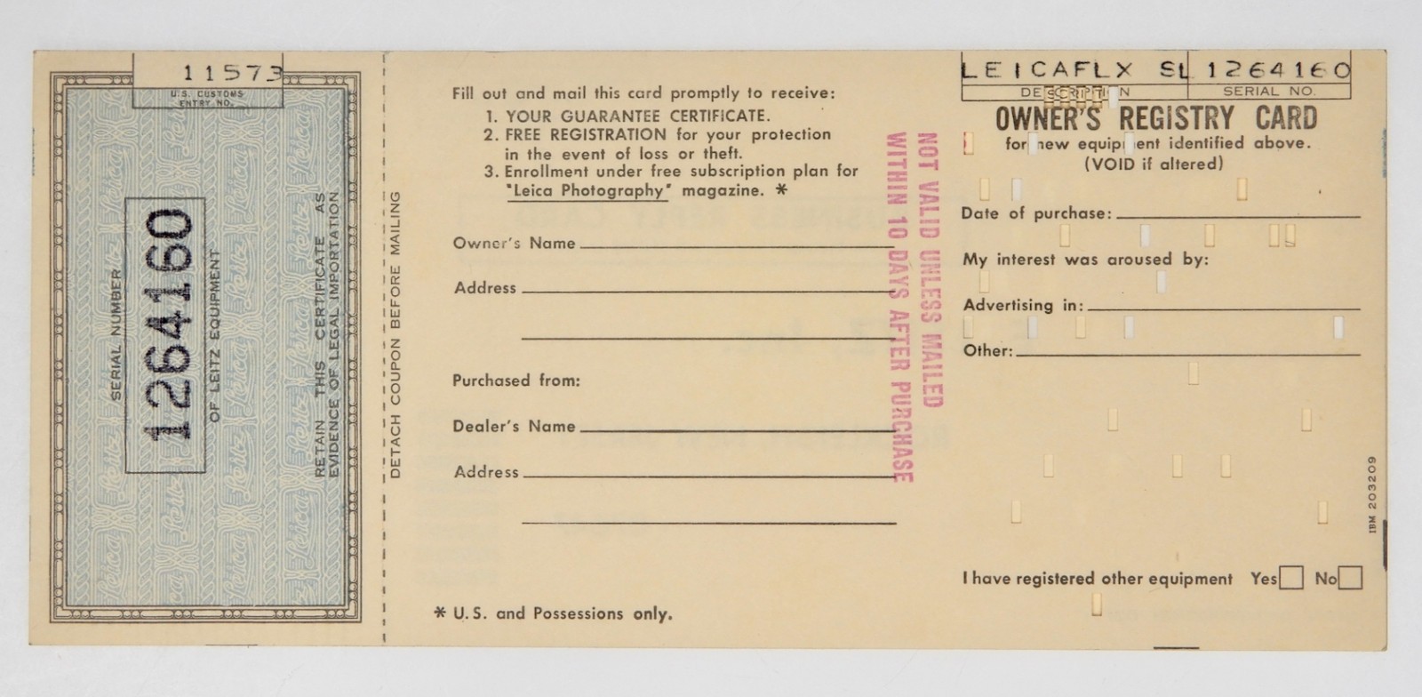Owner’s Registry Card of Leicaflex SL #1264160