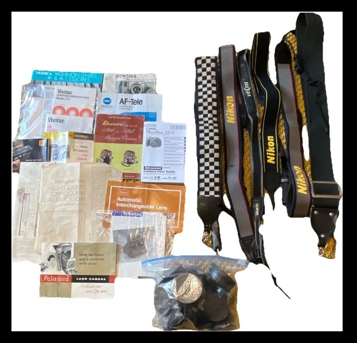 Vintage Camera Accessory Lot Manuals Lens Caps Straps Kodak Polaroid Nikon