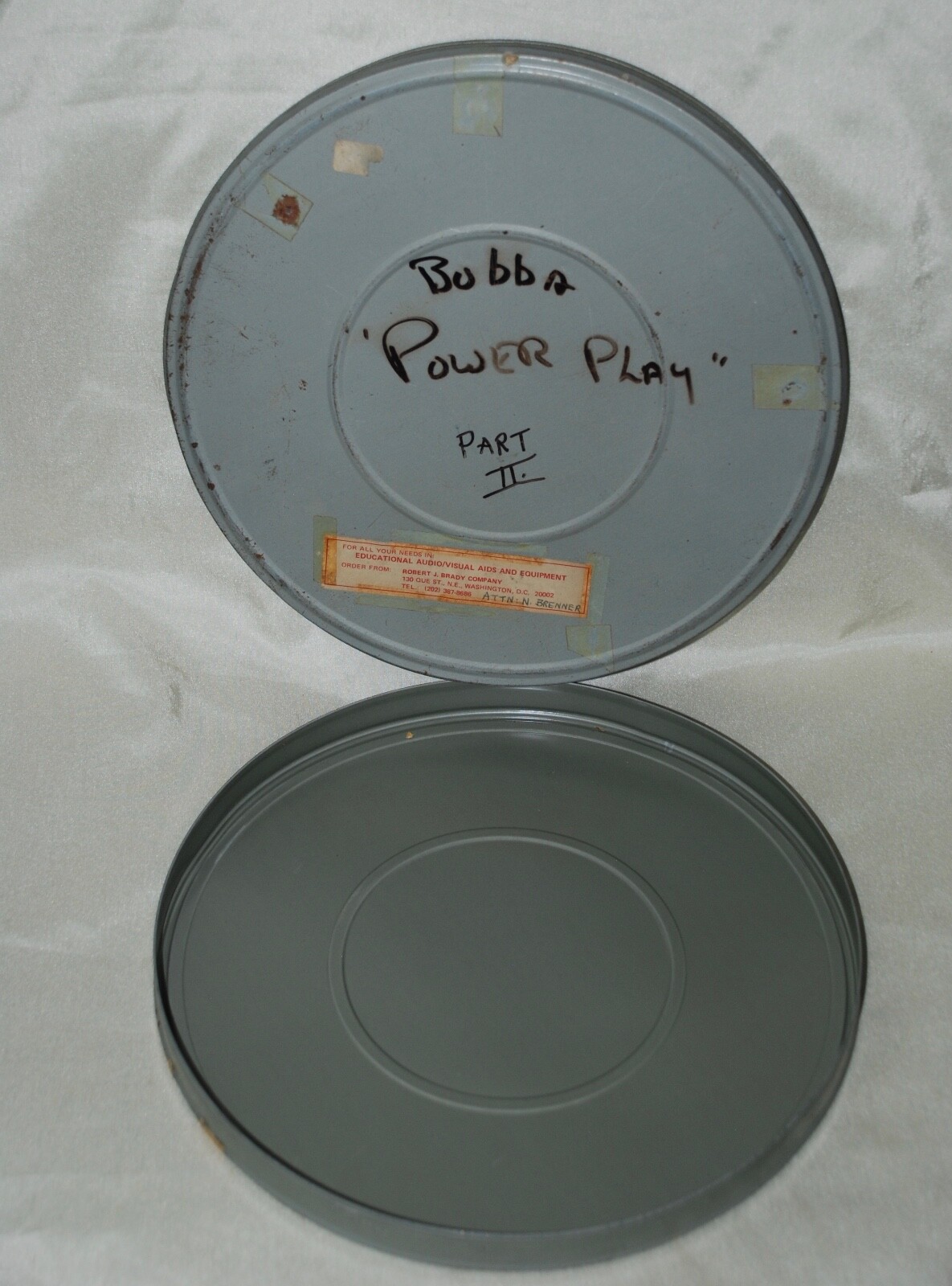 Vintage Gray Metal Movie Film Reel Can Canister Empty 10.75″ Bubba Power Play