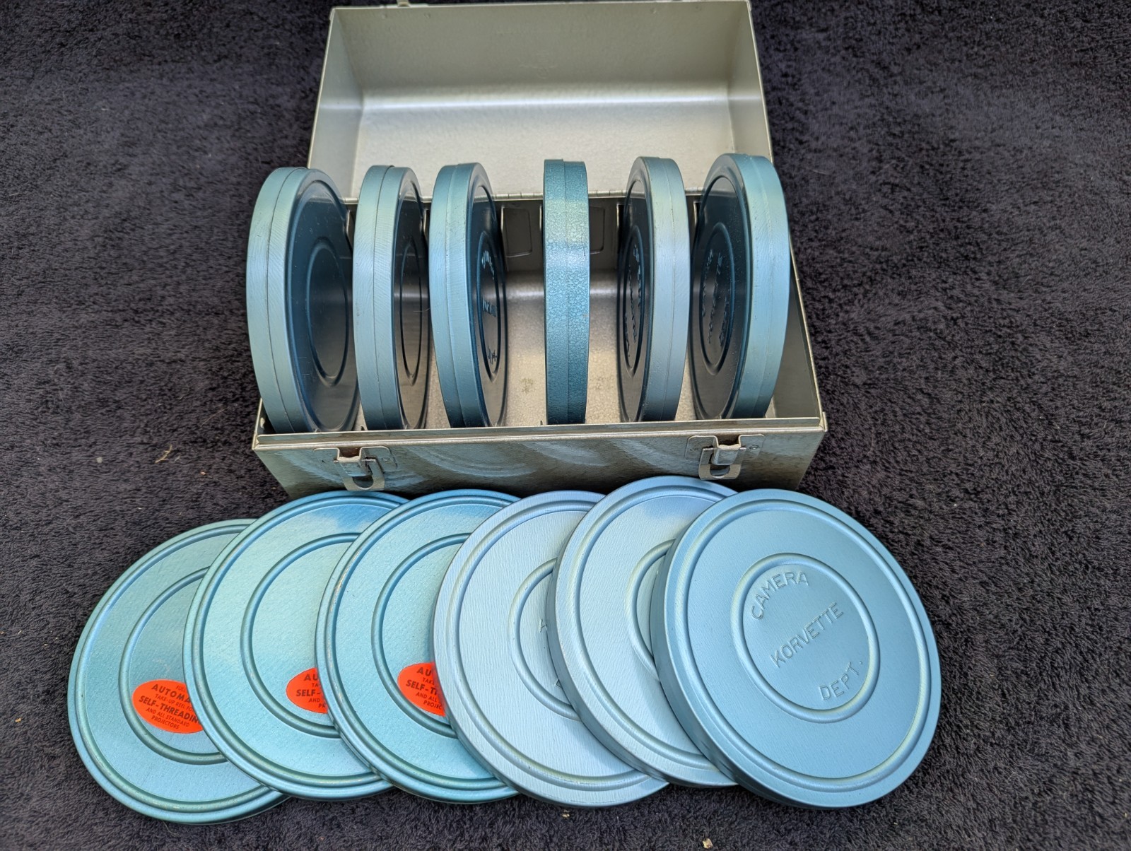 Vintage Brumberger Steel Storage Box for 12 8mm Film Reels with 12 Cans & Reels