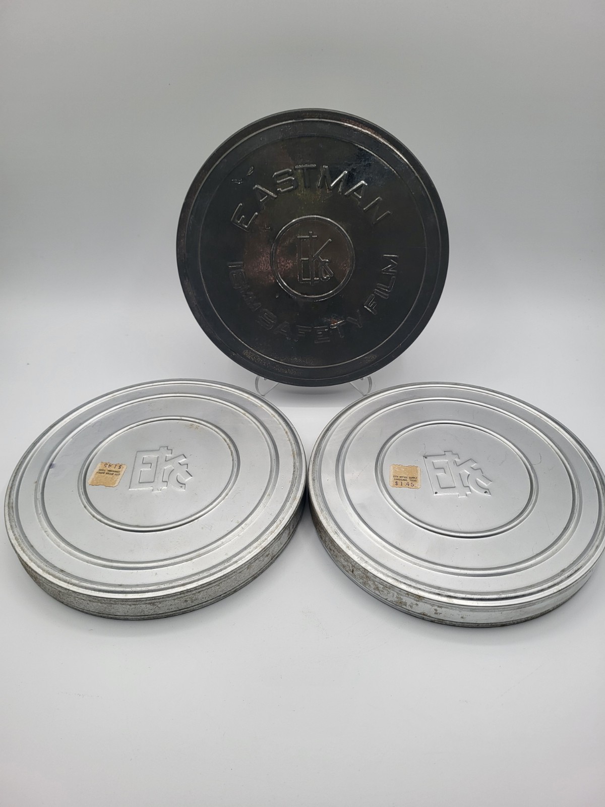 3 Pc Vintage 7 inch Empty Film Canisters 16mm Eastman Kodak Safety Film