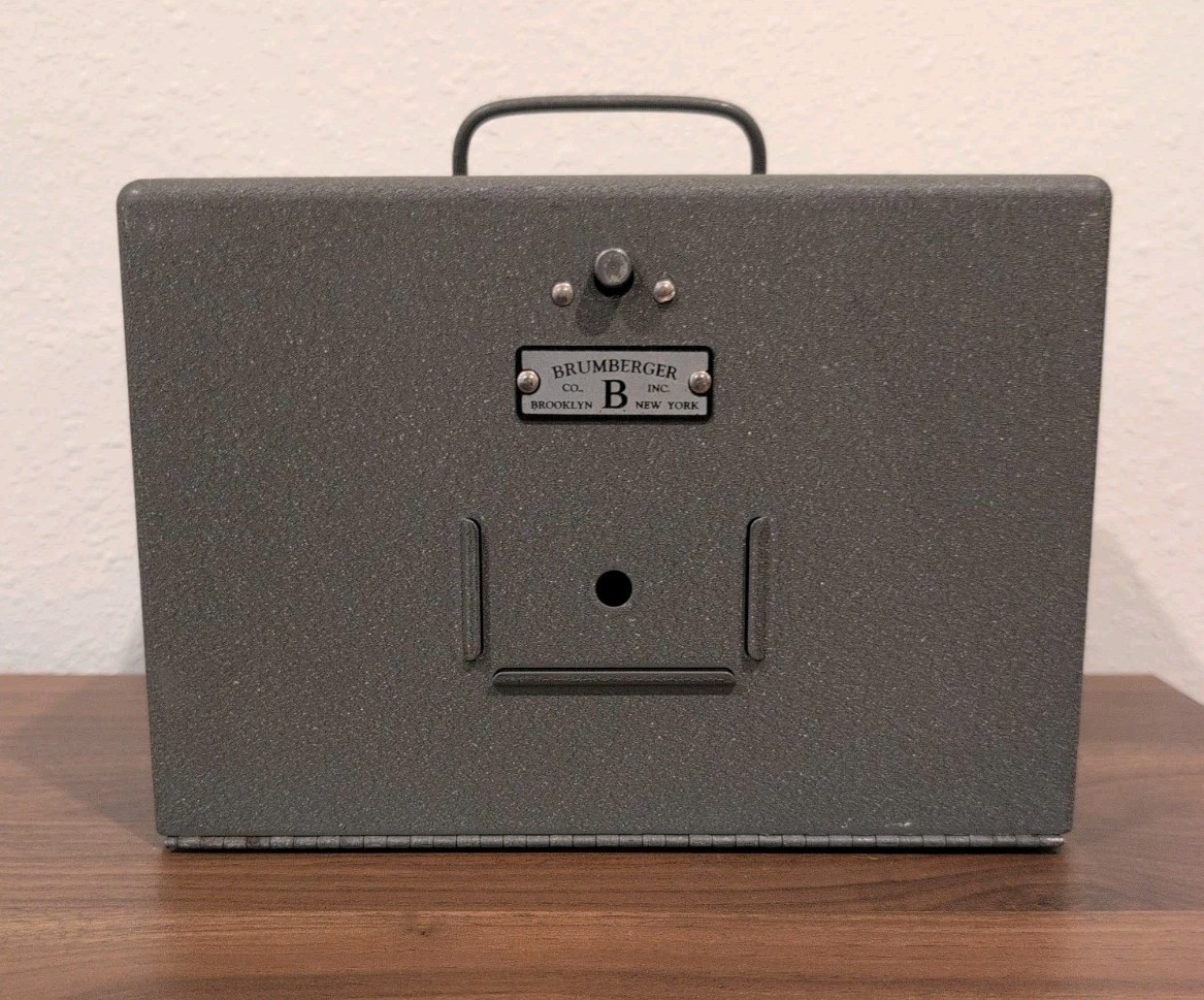 Vintage Bramburger Grey Steel 8mm Movie Reel Box Carrier W Handle 10″
