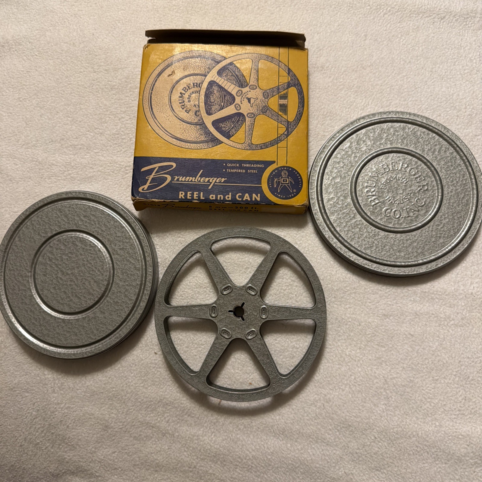 Set of 2 vintage Brumberger Reel And Can 8mm 200ft #1018 Tempered Steel Movie