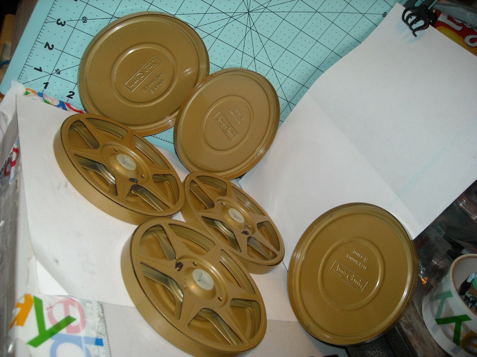 3 vintage movie tins two guys automatic dual 8mm 200ft compco corp 5×1/2″