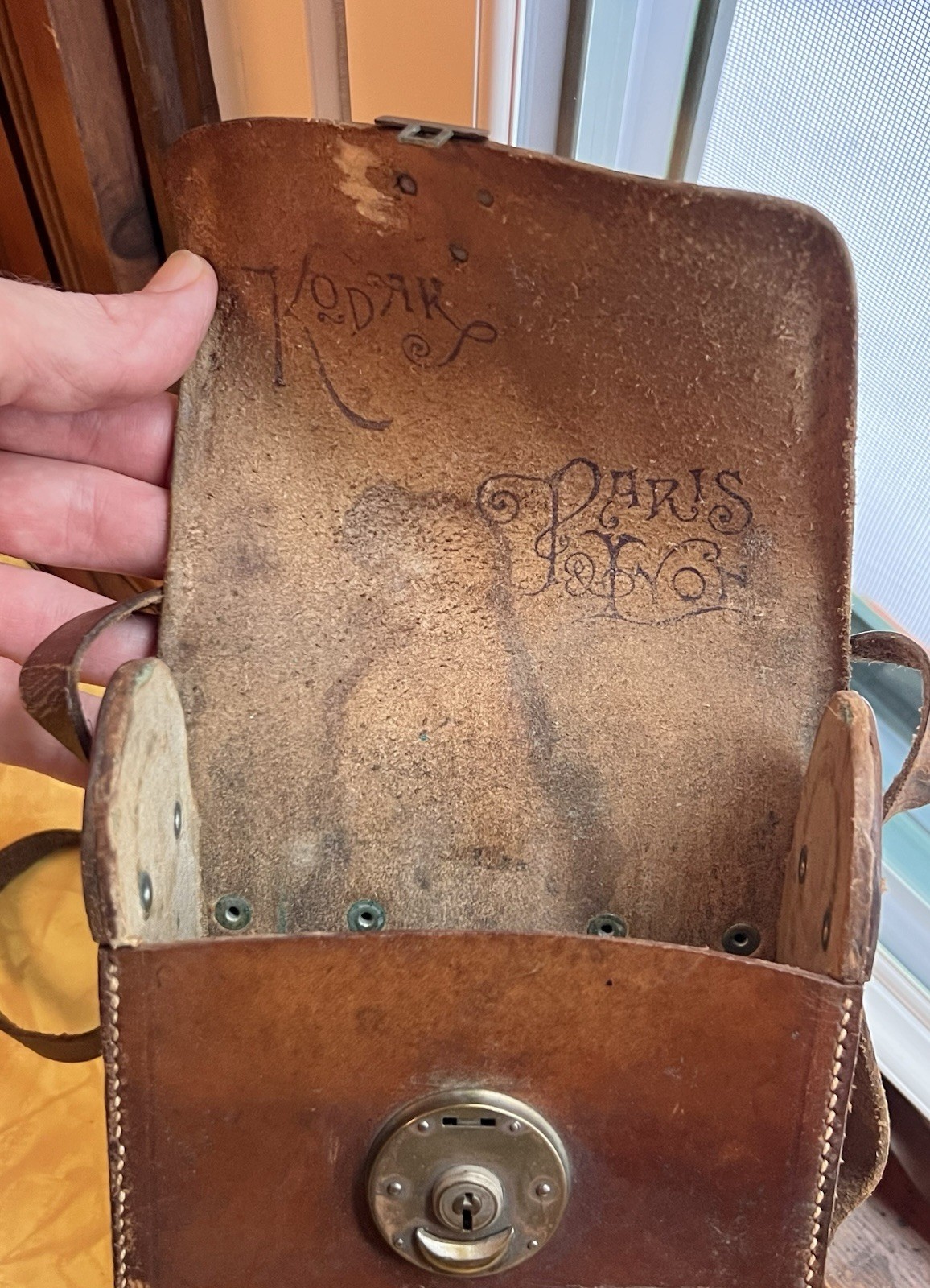 Antique Kodak Paris & Lyon Folding Film Camera Case in Brown Leather with Strap
