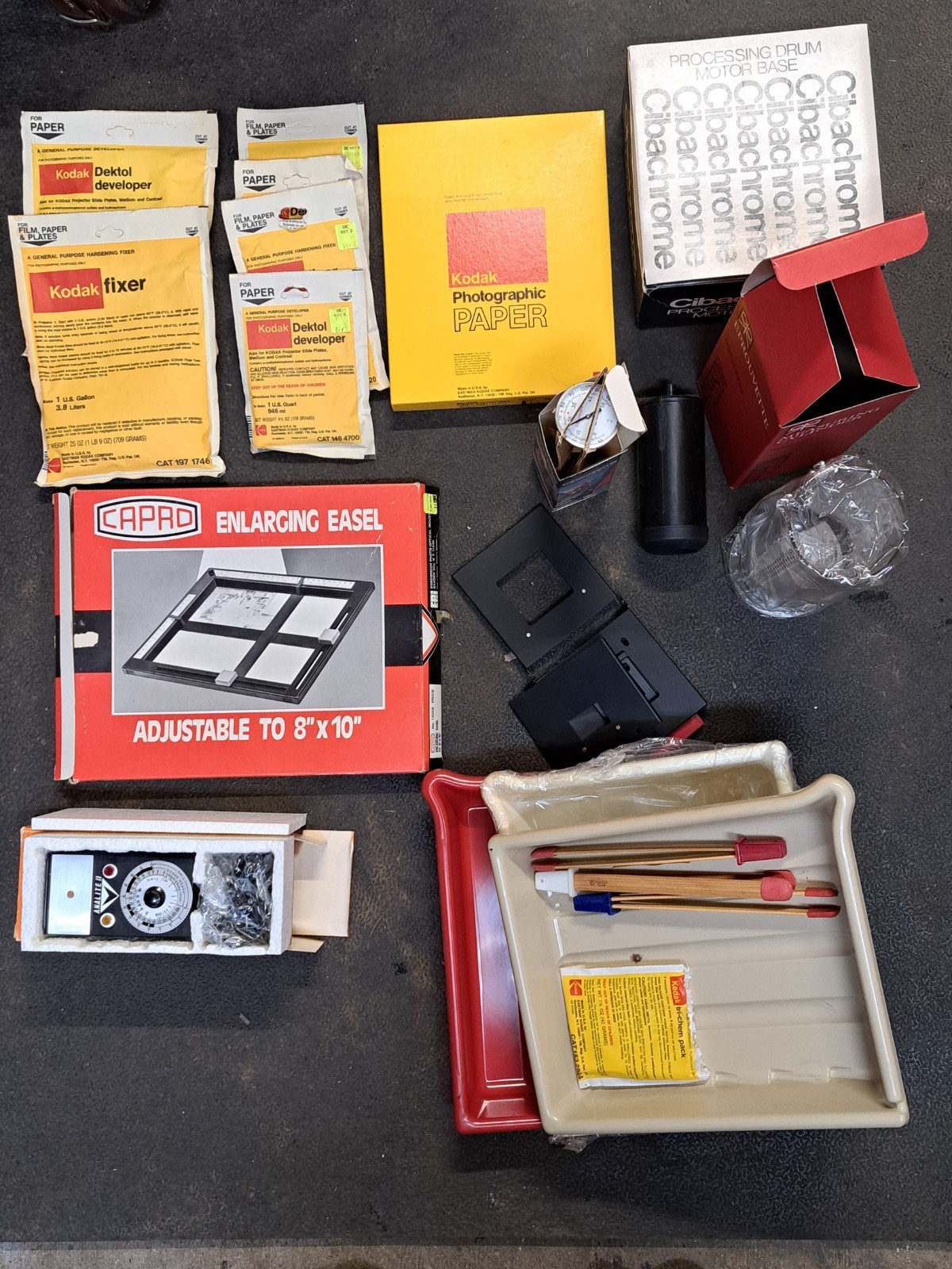 Lot of Vintage Camera Dark Room Equipment, Kodak Paper, Timer, Easel, Trays,