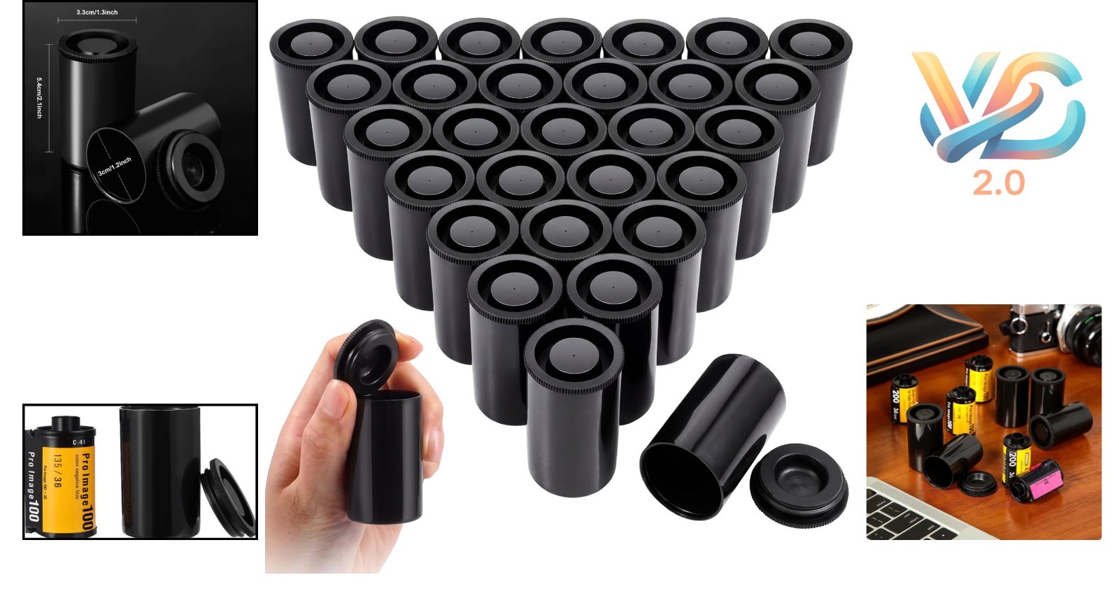 30 pcs Black Plastic Film Canister Holders, 35mm Storage Containers