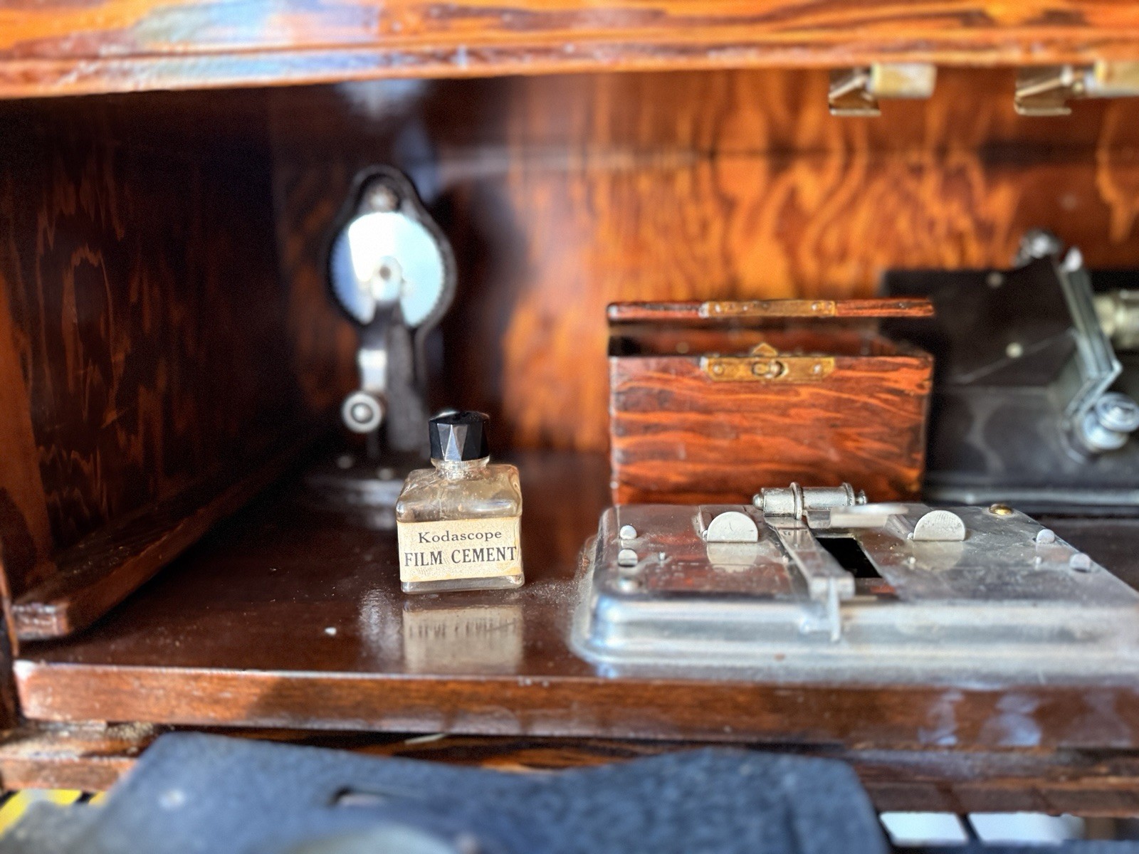 Vintage Kodak 8mm film splicing Kit in handmade wooden box
