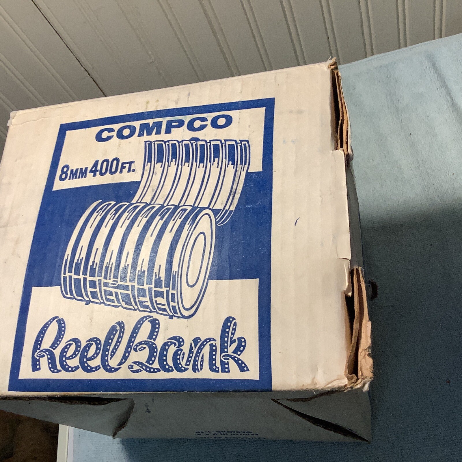 Vintage Light Blue Metal Compco Corp 8mmFilm Reel Bank Chicago USA With Box