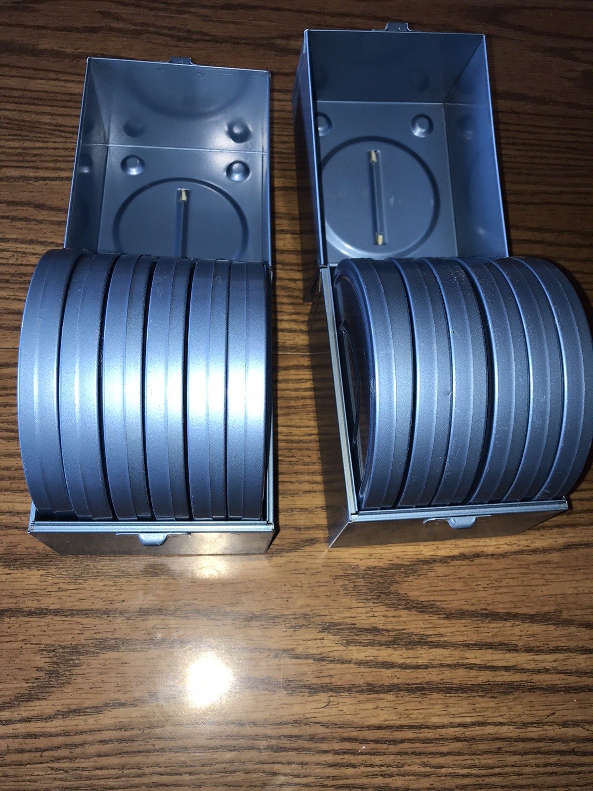 2 Vintage Compco Metal Film Case Storage Boxes With Six 8mm Film Reels Per Box