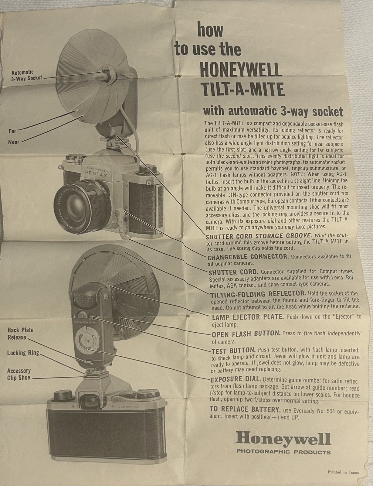 Vintage HONEYWELL TILT-A-MITE FLASH with Vinyl Pouch, Instructions & 7 M2B Bulbs