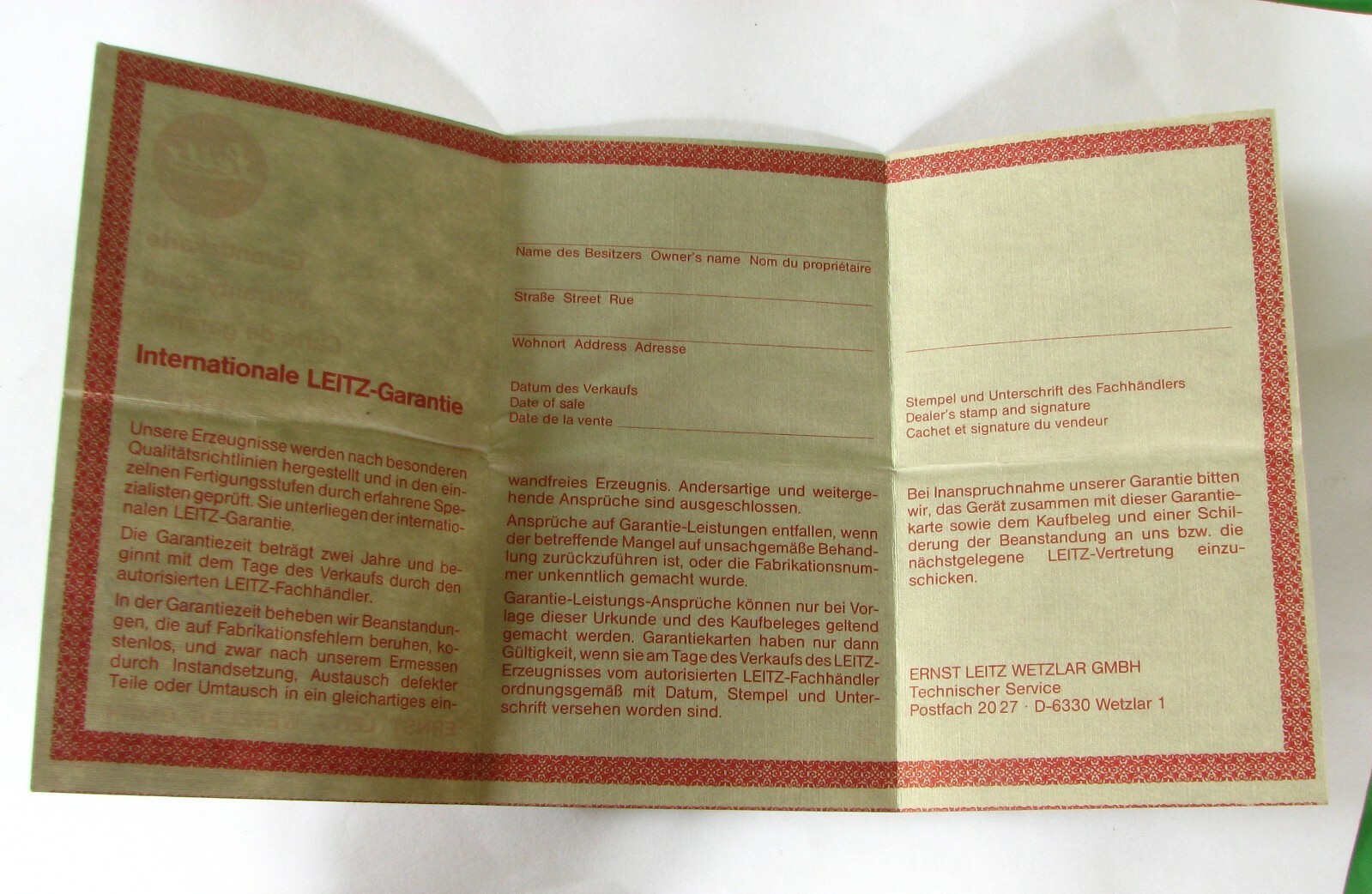 1981 International Leitz Leica Wetzlar Lens Warranty Card Only