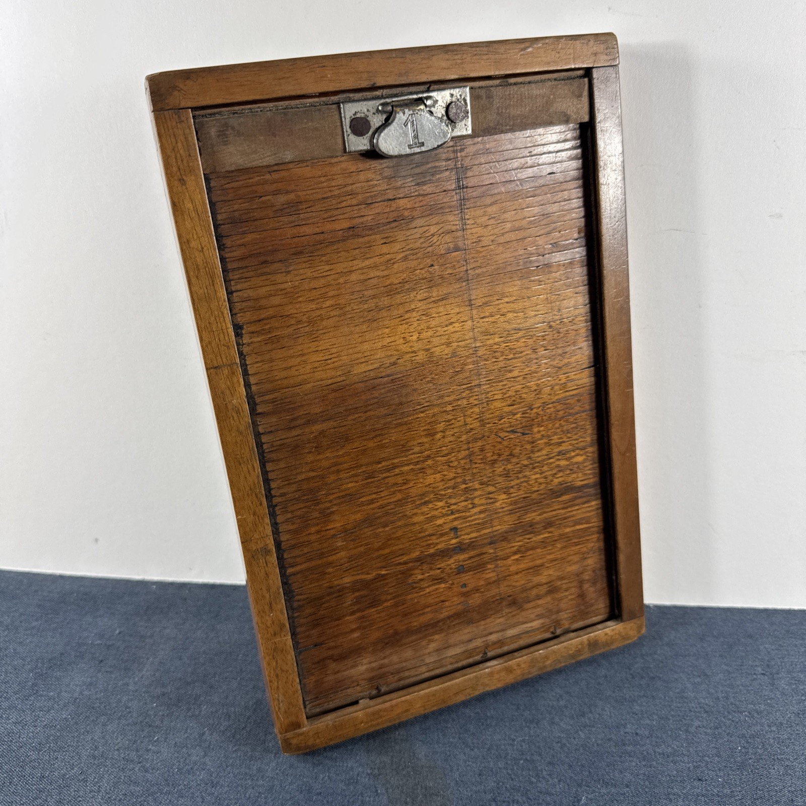 Rare Wooden 5x7in Glass Plate Double Sided Tambour Style Roller Blind Slide
