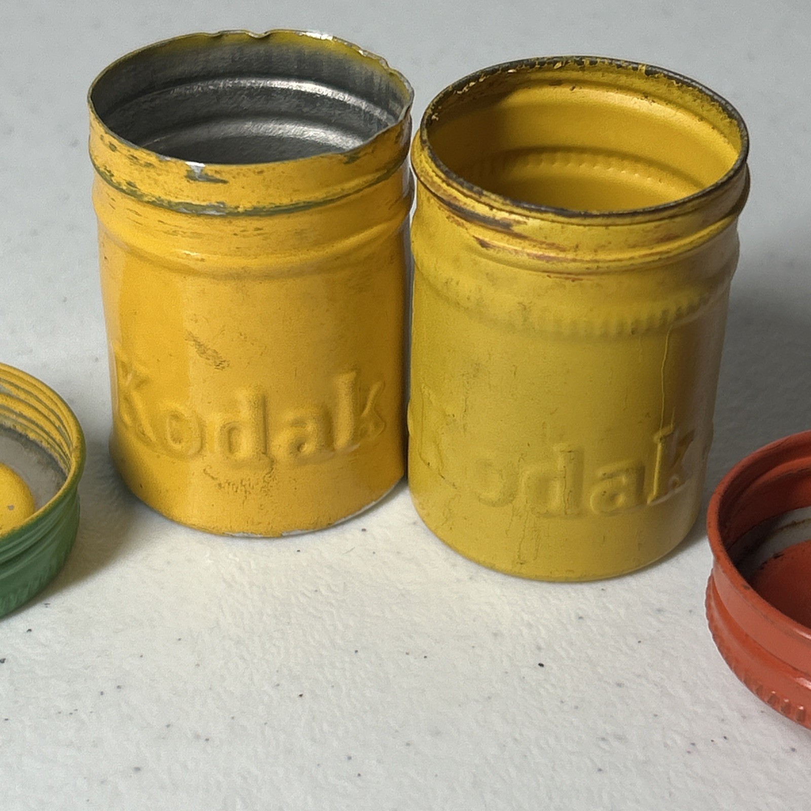 Pair Kodak Film Canisters Green Orange Vintage Screw On Lids