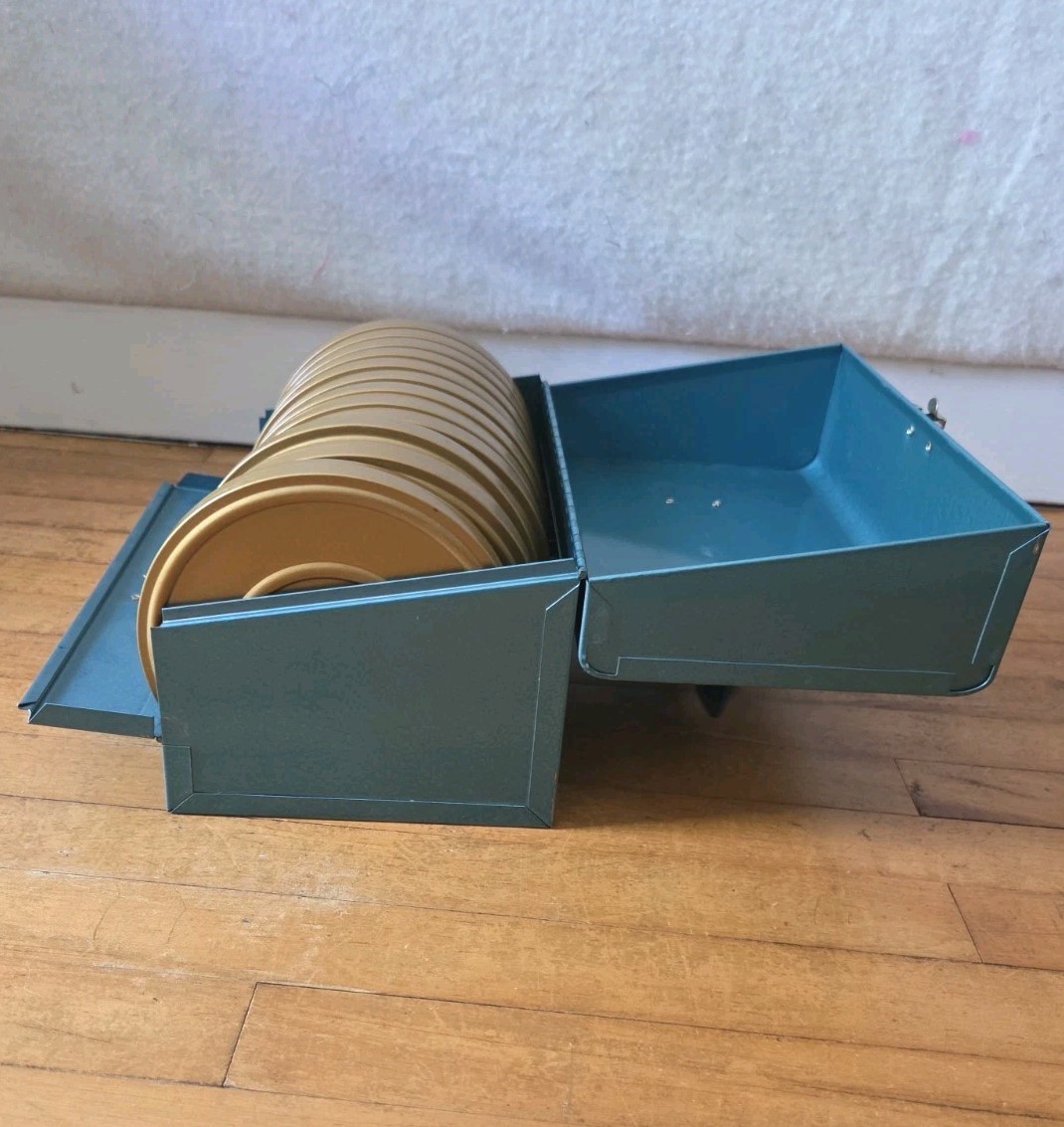 Super 8mm Film Storage Case Box with 12 Slots & 12 Metal Reel Canisters Vtg 1960