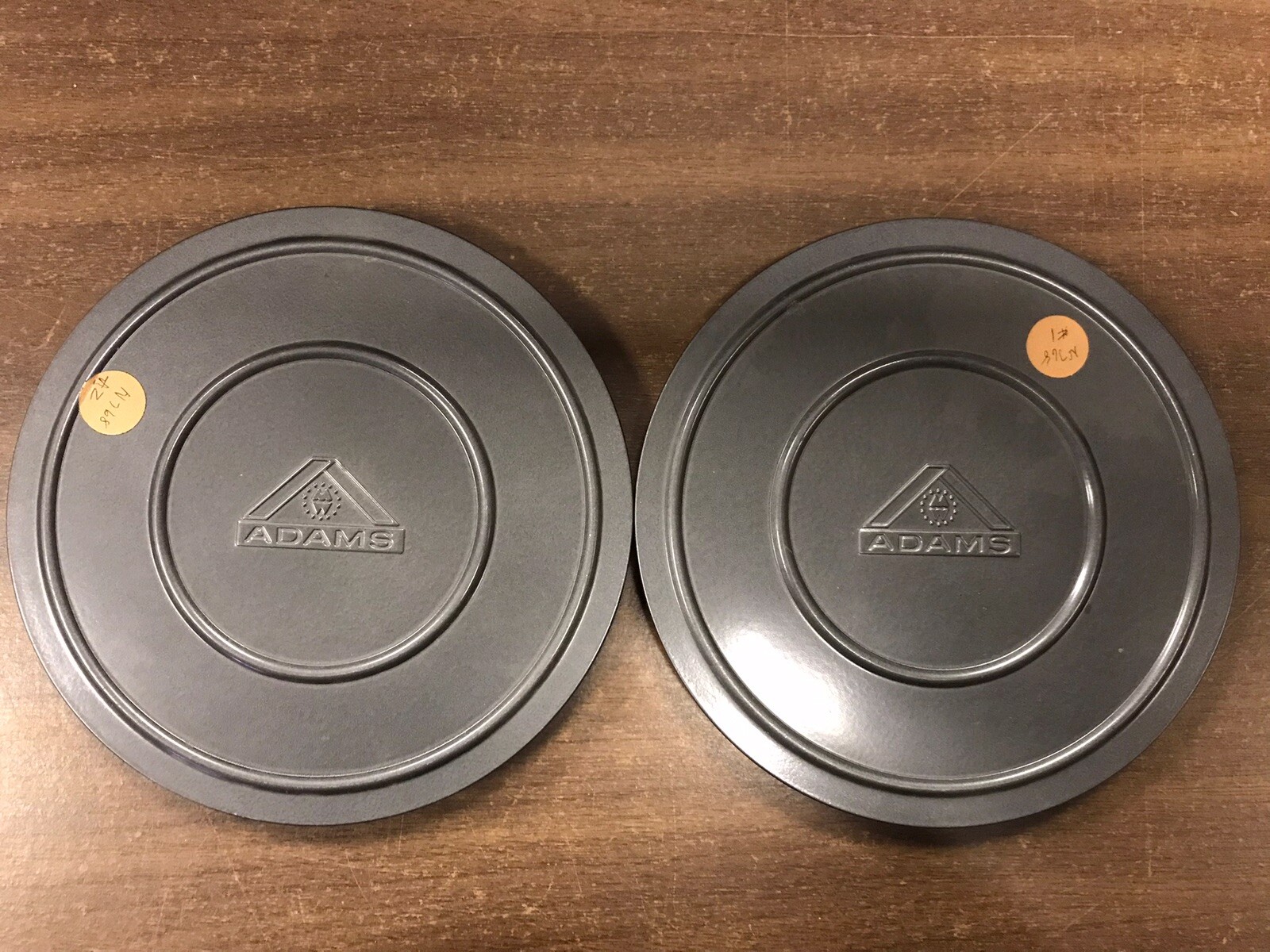 2 Vintage ADAMS Metal Film Cases With Reels. 7 Inch Diameter.