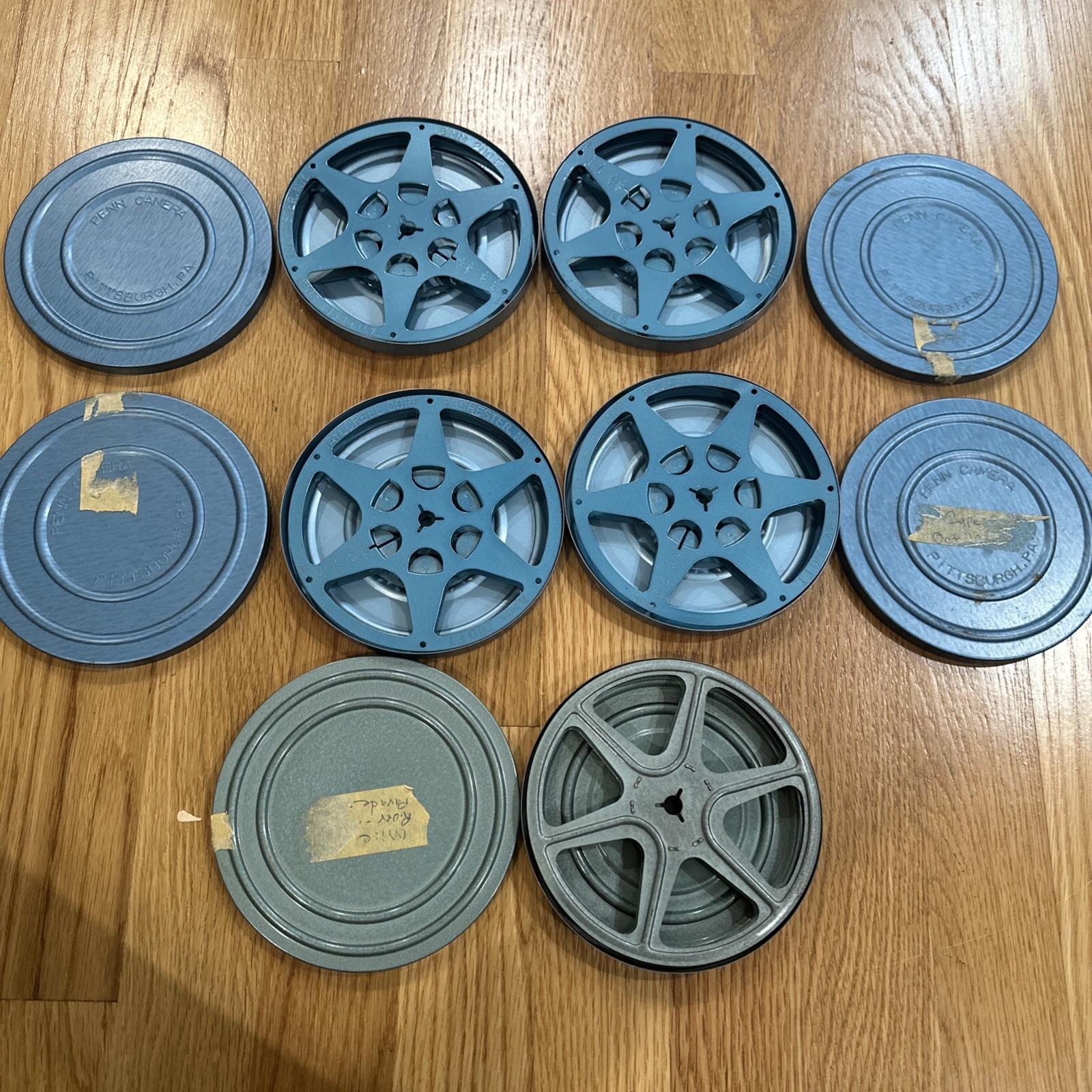 Lot of 5 Blue/Gray 8mm Film 5” 200’ Metal Reels & Cans Made USA Penn Camera