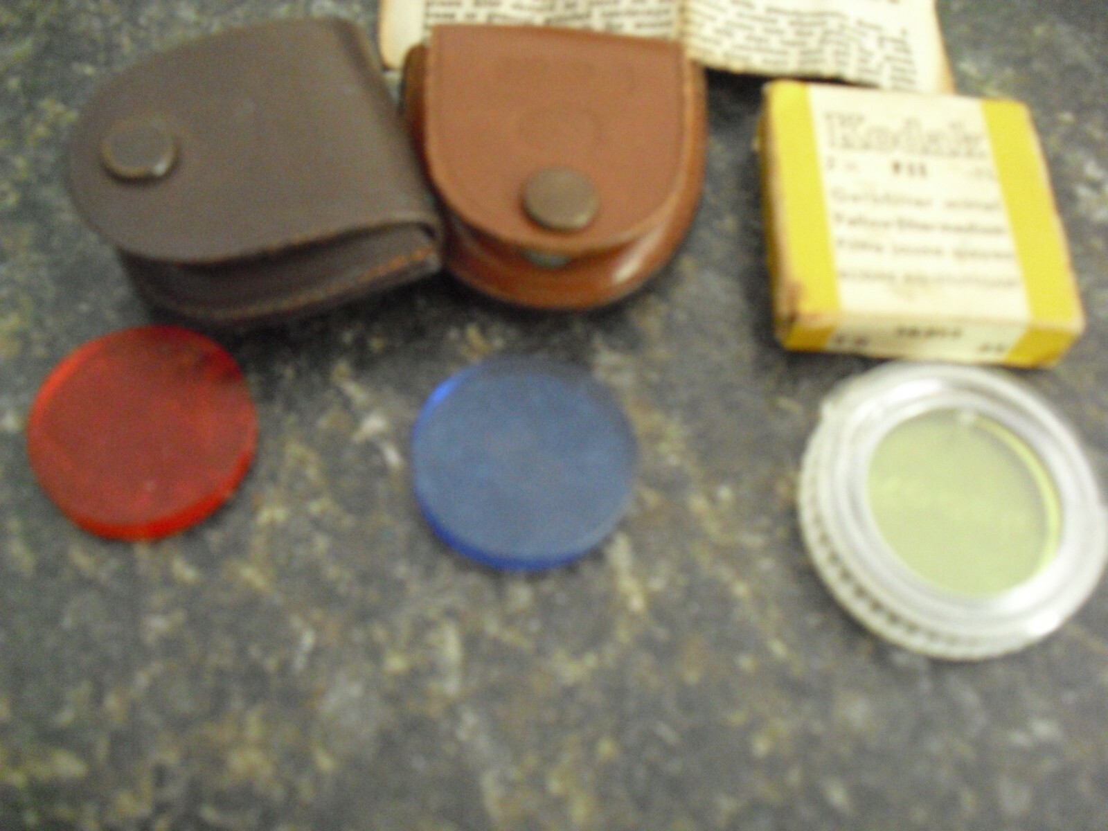 Lot of 3 Vintage Small Kodak Filters 1 1/4″ Wide with 2 Leather Holders